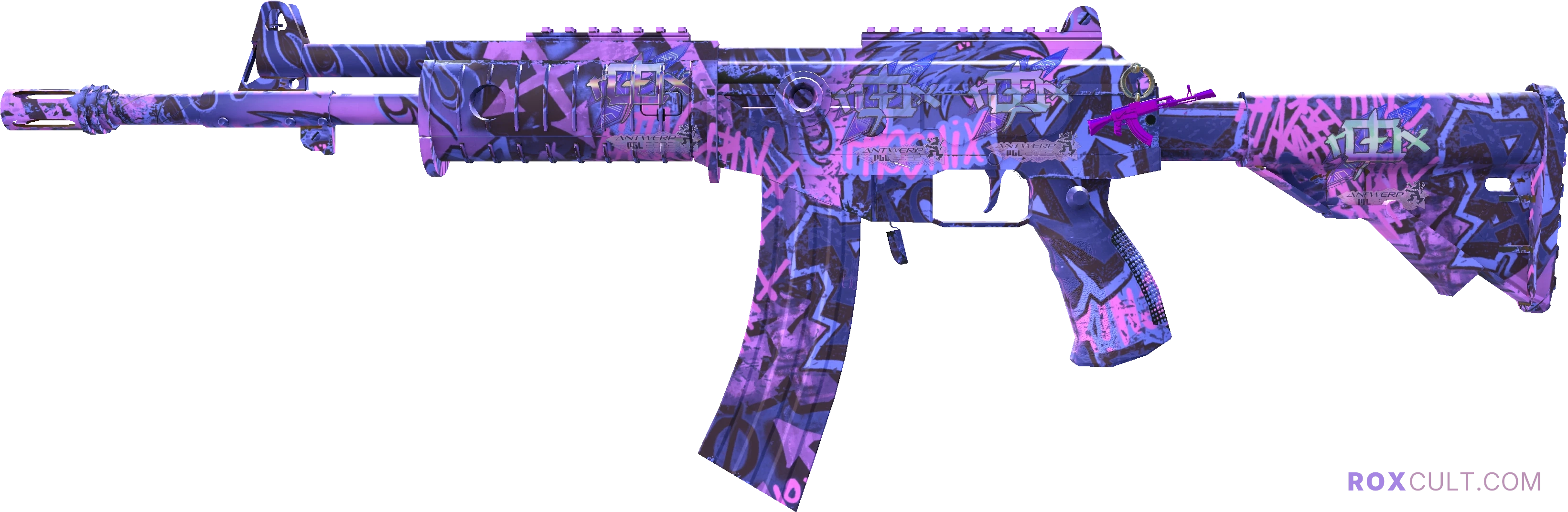 Galil AR | Phoenix Blacklight (Factory New) — rox (Holo) Antwerp 2022 craft, playside view with 4 rox (Holo) stickers