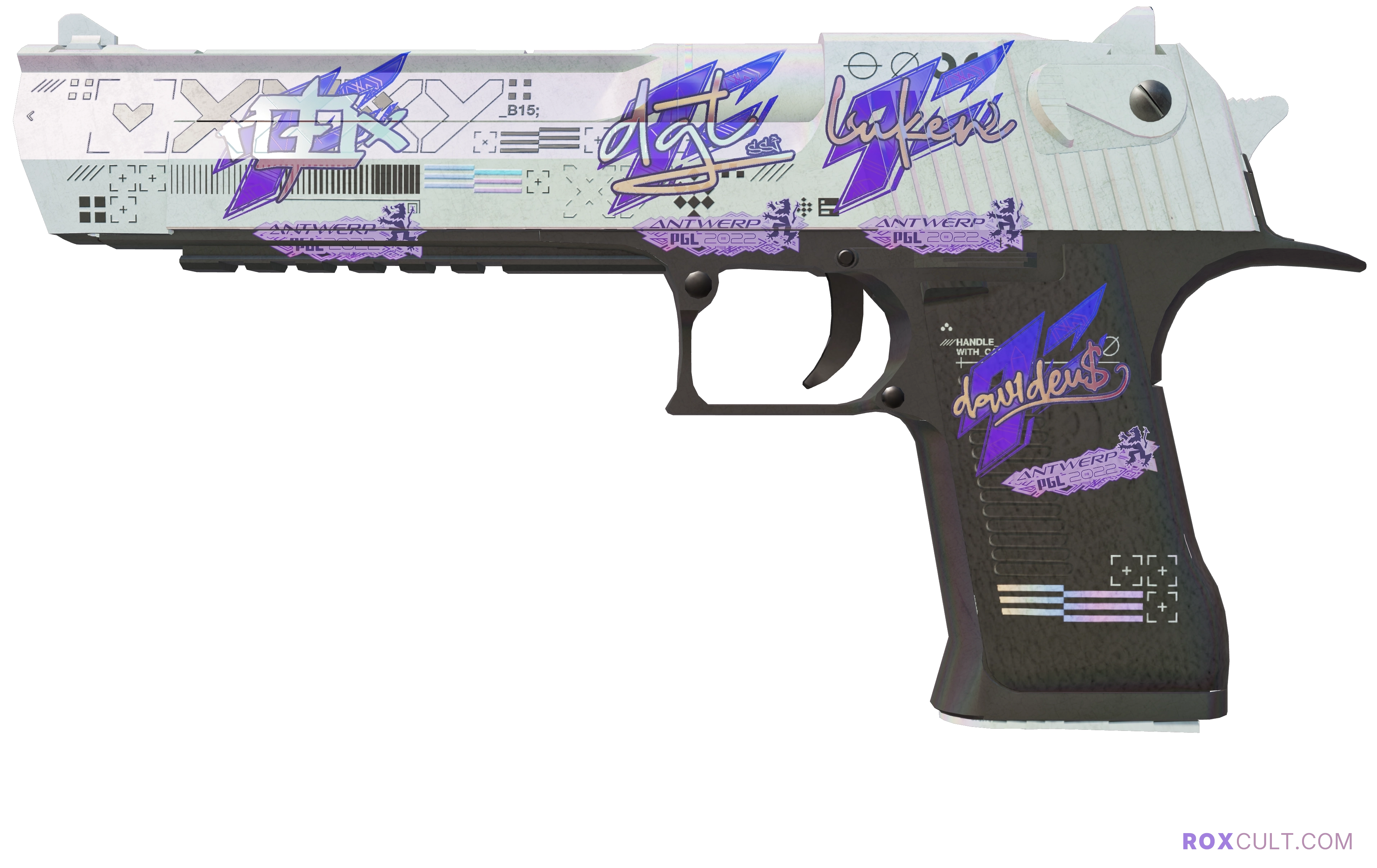 Desert Eagle | Printstream (Well-Worn) — rox (Holo) Antwerp 2022 craft, playside view with 1 rox (Holo) sticker