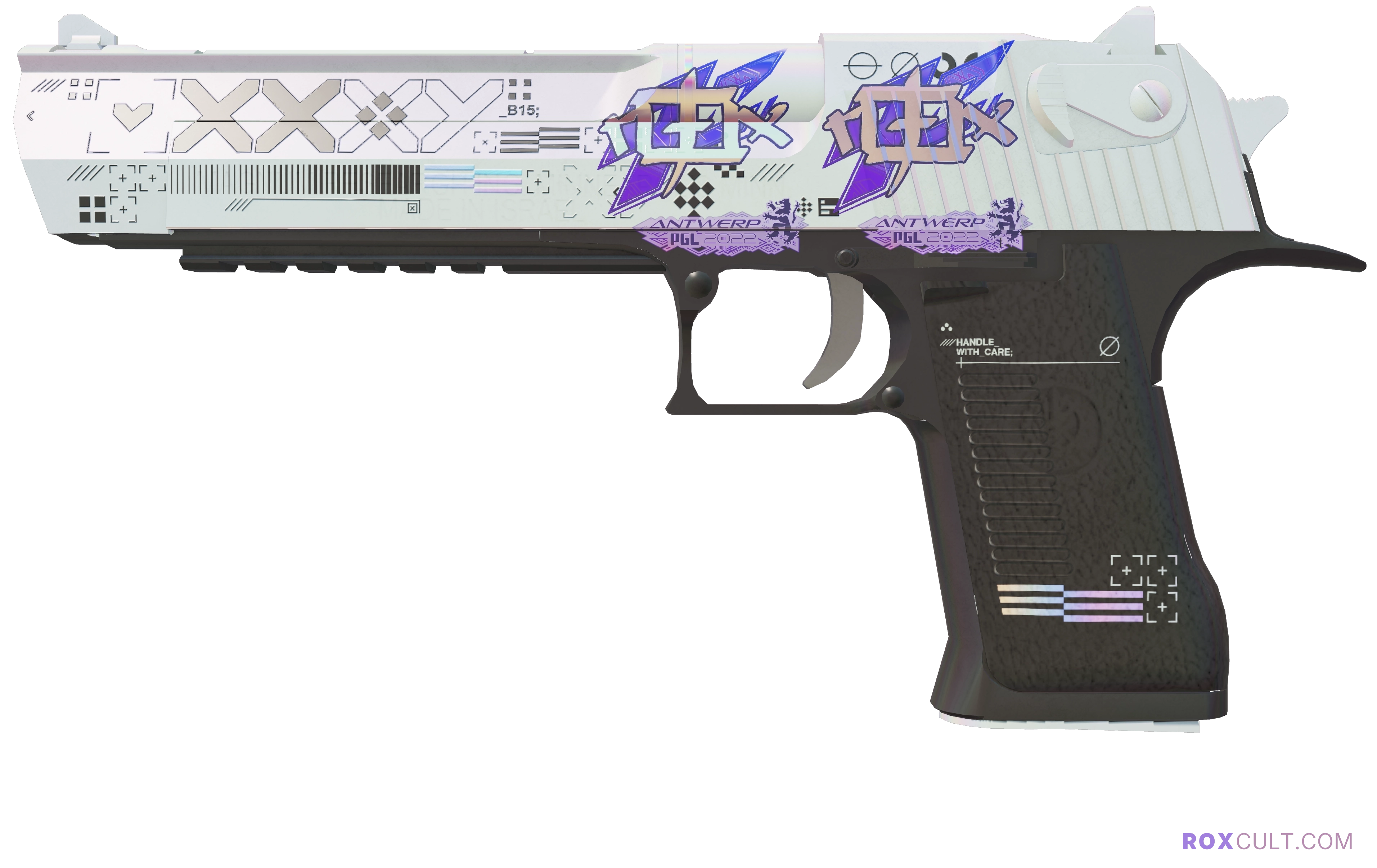 Desert Eagle | Printstream (Factory New) — rox (Holo) Antwerp 2022 craft, playside view with 2 rox (Holo) stickers