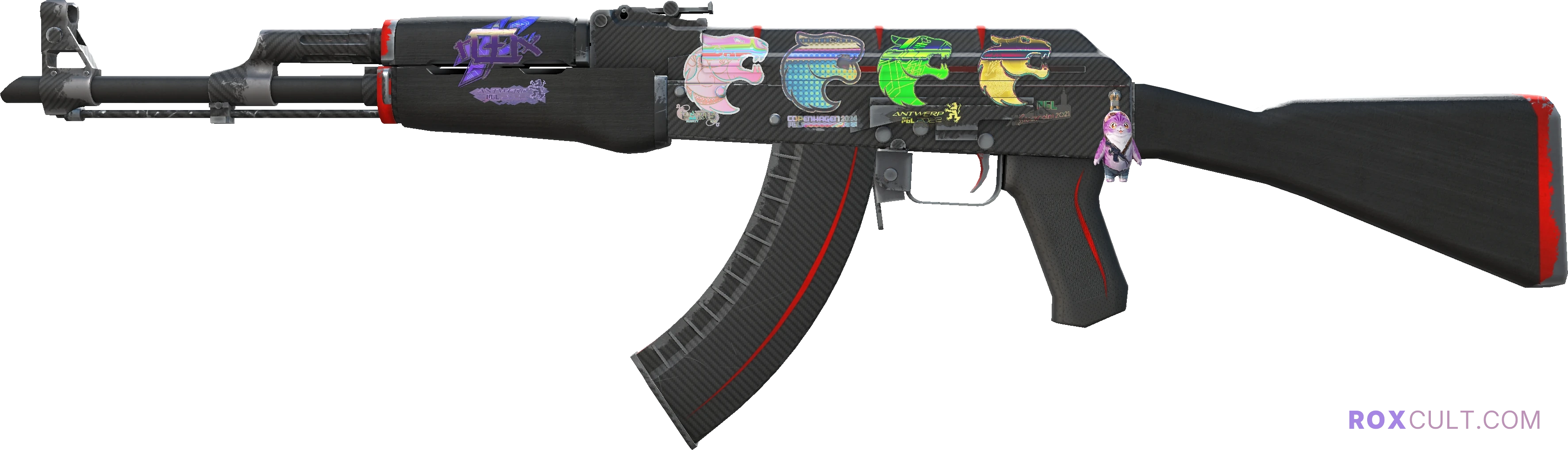 AK-47 | Redline (Field-Tested) — rox (Holo) Antwerp 2022 craft, playside view with 1 rox (Holo) sticker