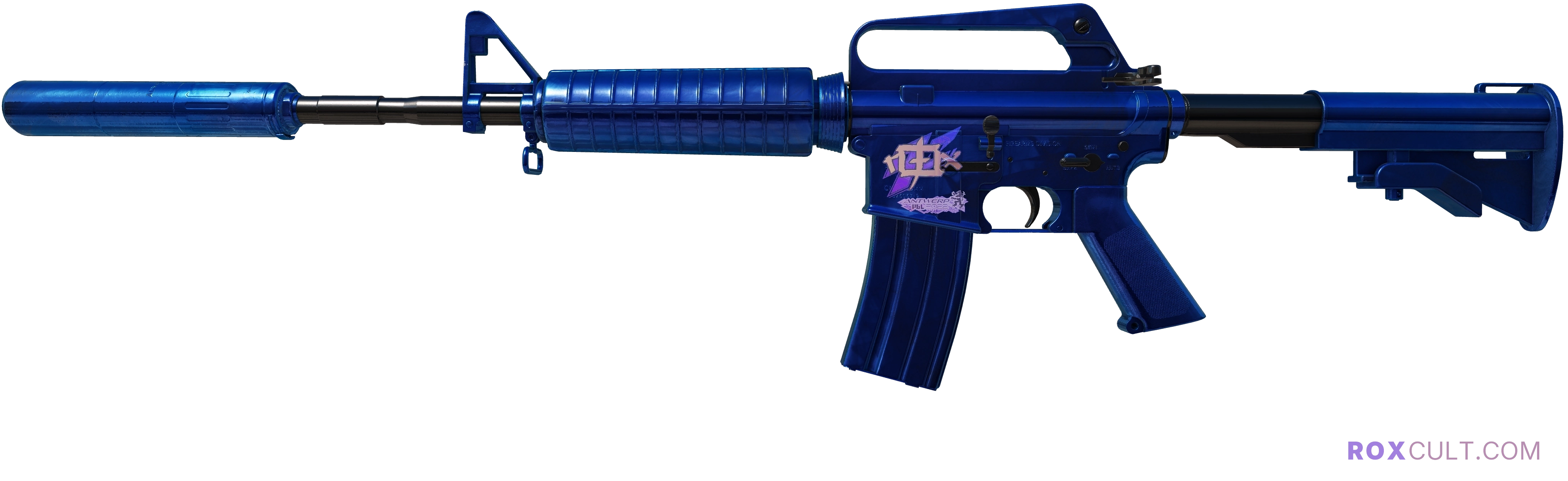 M4A1-S | Blue Phosphor (Factory New) — rox (Holo) Antwerp 2022 craft, playside view with 1 rox (Holo) sticker