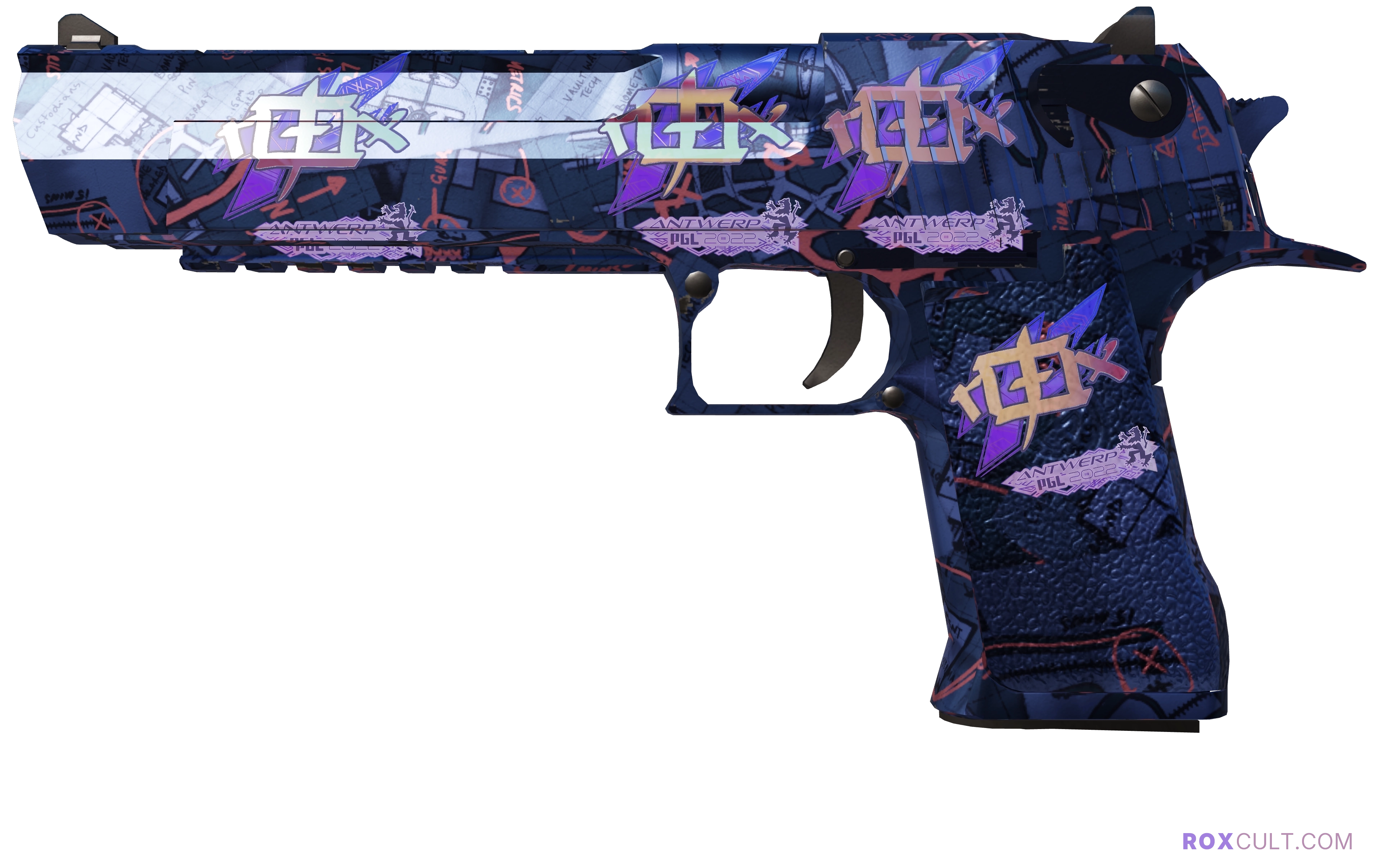 Desert Eagle | Night Heist (Factory New) — rox (Holo) Antwerp 2022 craft, playside view with 4 rox (Holo) stickers