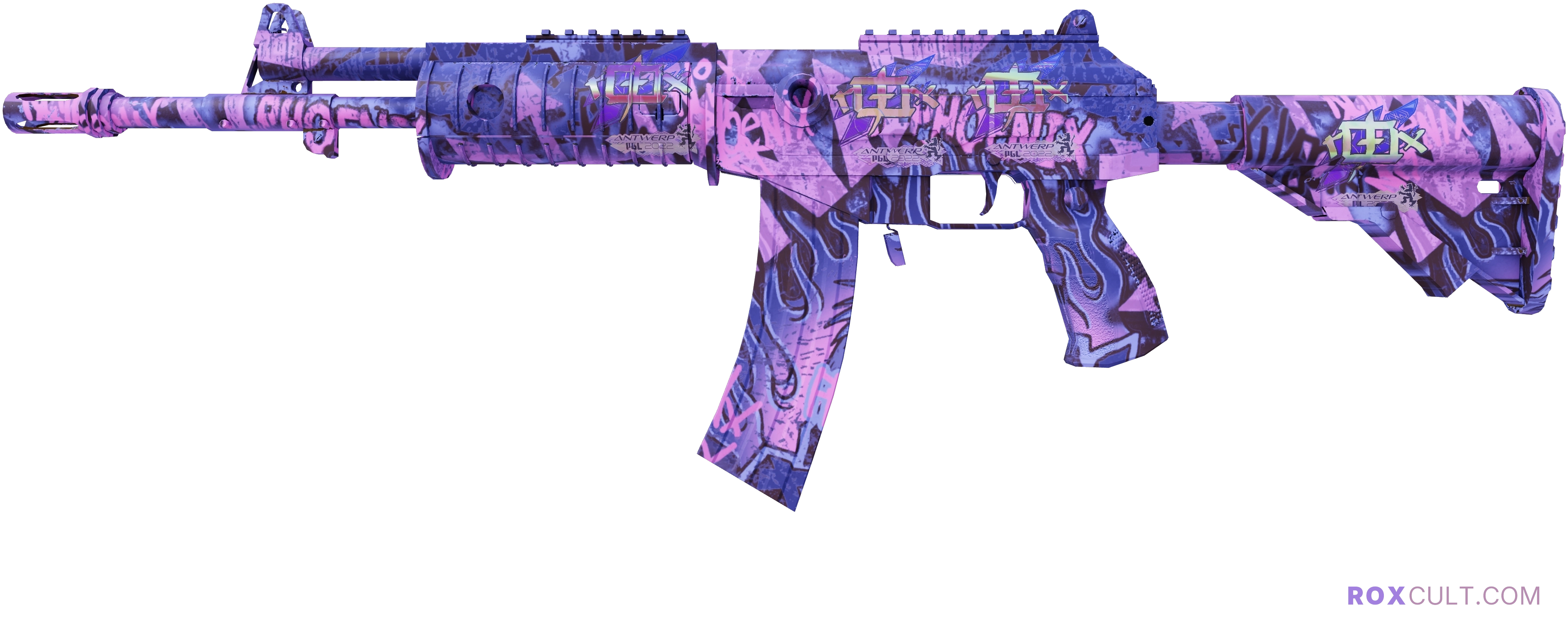 Galil AR | Phoenix Blacklight (Factory New) — rox (Holo) Antwerp 2022 craft, playside view with 4 rox (Holo) stickers