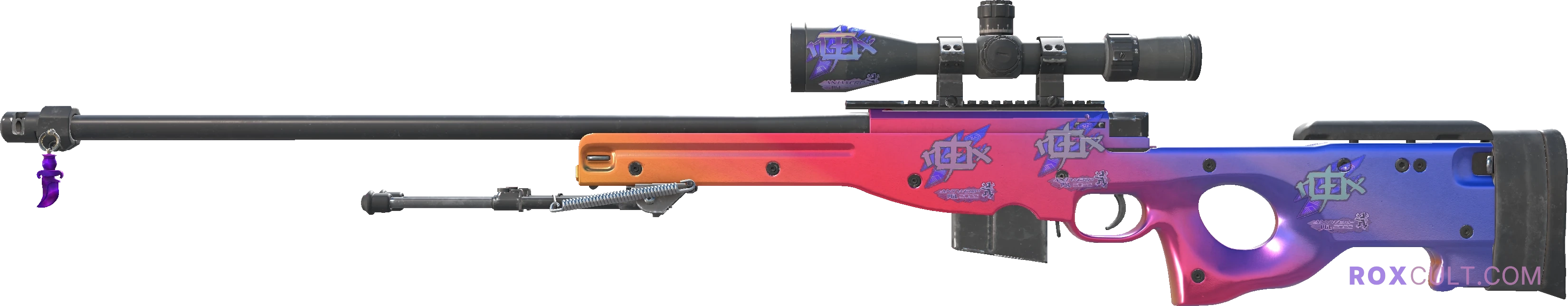 AWP | Fade (Factory New) — rox (Holo) Antwerp 2022 craft, playside view with 4 rox (Holo) stickers