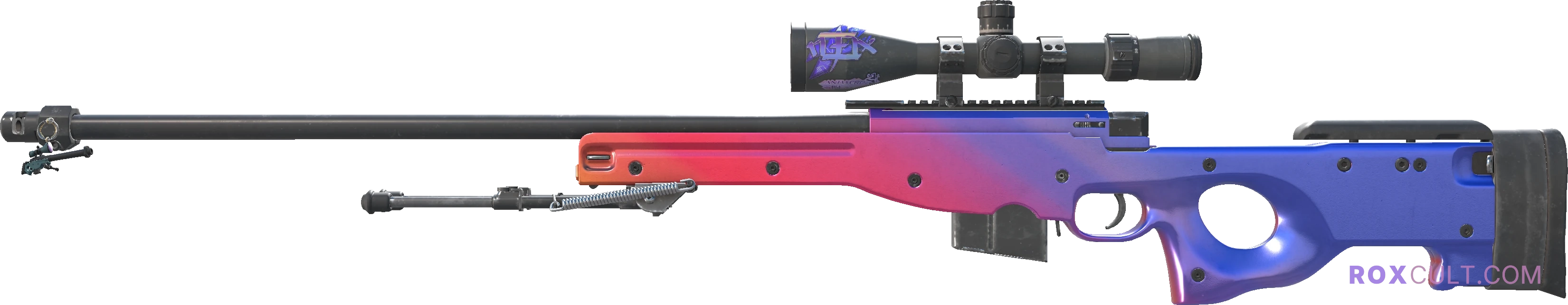 AWP | Fade (Factory New) — rox (Holo) Antwerp 2022 craft, playside view with 1 rox (Holo) sticker