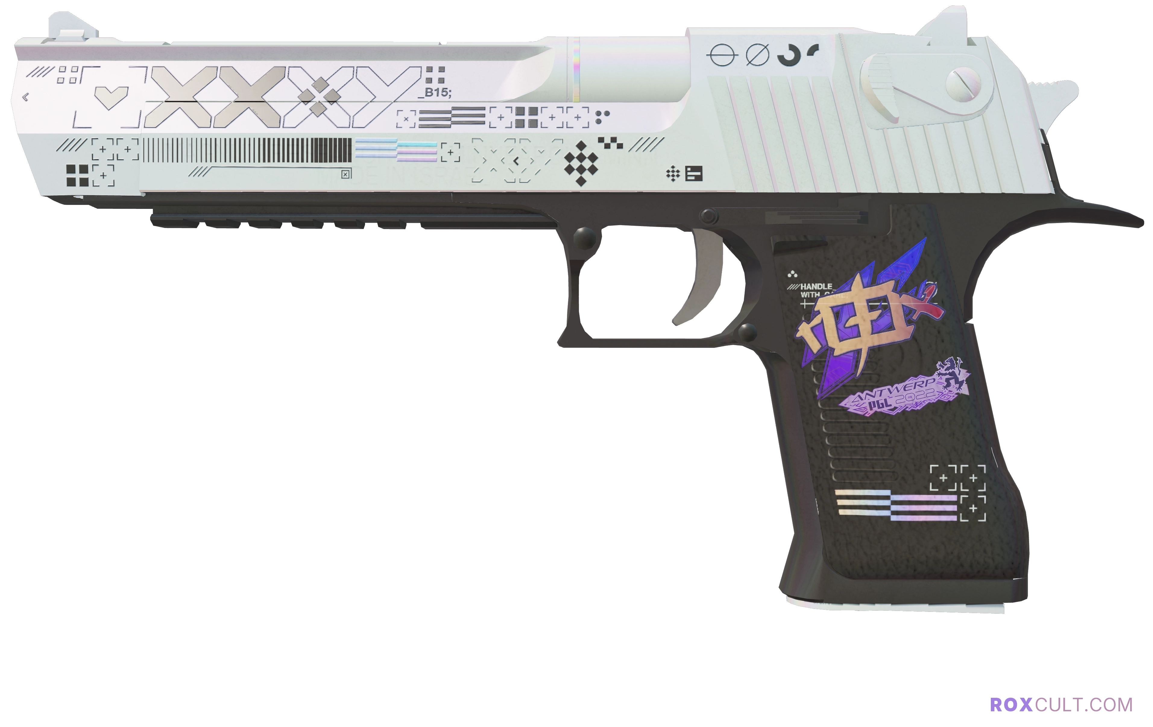 Desert Eagle | Printstream (Factory New) — rox (Holo) Antwerp 2022 craft, playside view with 1 rox (Holo) sticker