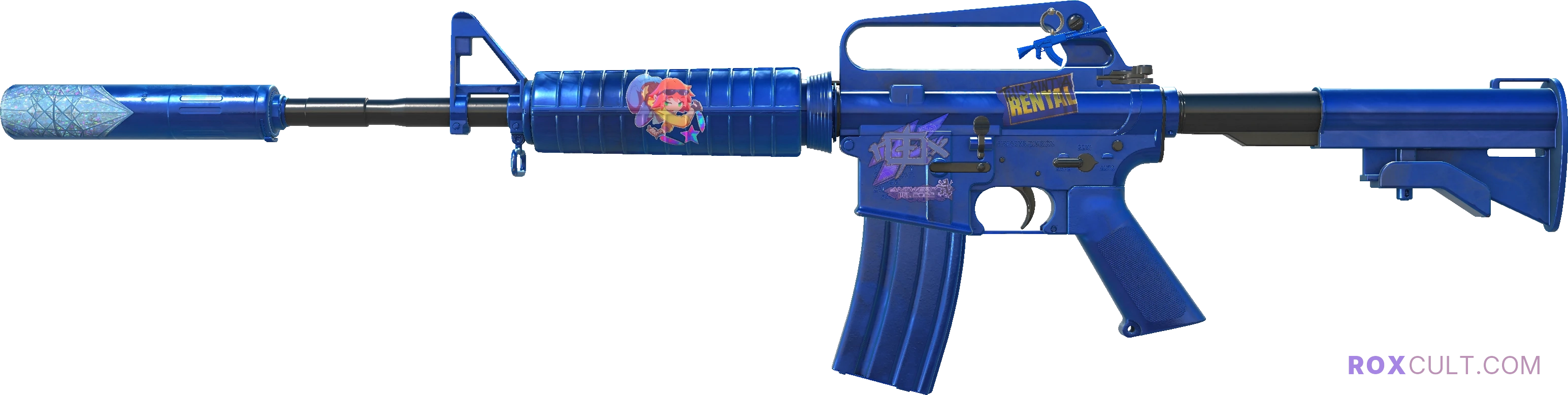 M4A1-S | Blue Phosphor (Factory New) — rox (Holo) Antwerp 2022 craft, playside view with 1 rox (Holo) sticker
