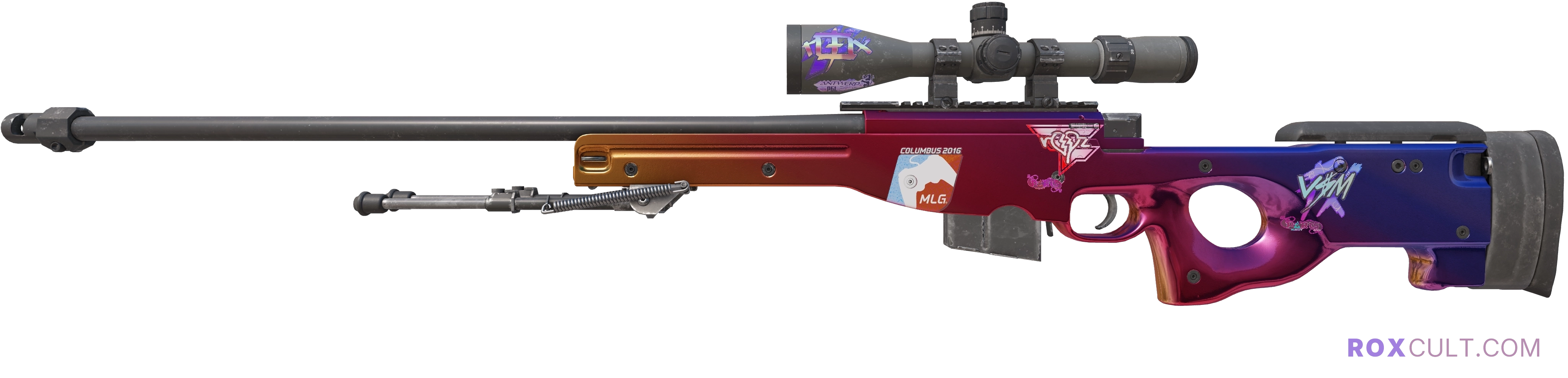 AWP | Fade (Factory New) — rox (Holo) Antwerp 2022 craft, playside view with 1 rox (Holo) sticker