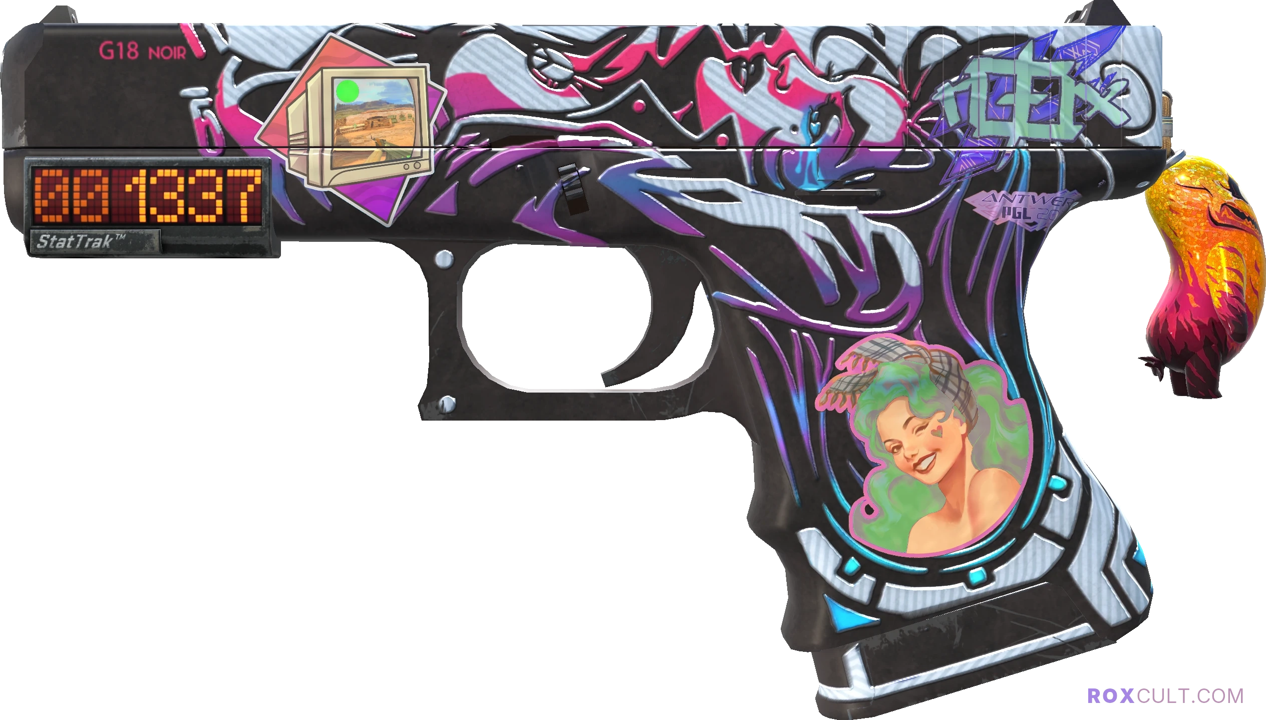 StatTrak™ Glock-18 | Neo-Noir (Minimal Wear) — rox (Holo) Antwerp 2022 craft, playside view with 1 rox (Holo) sticker