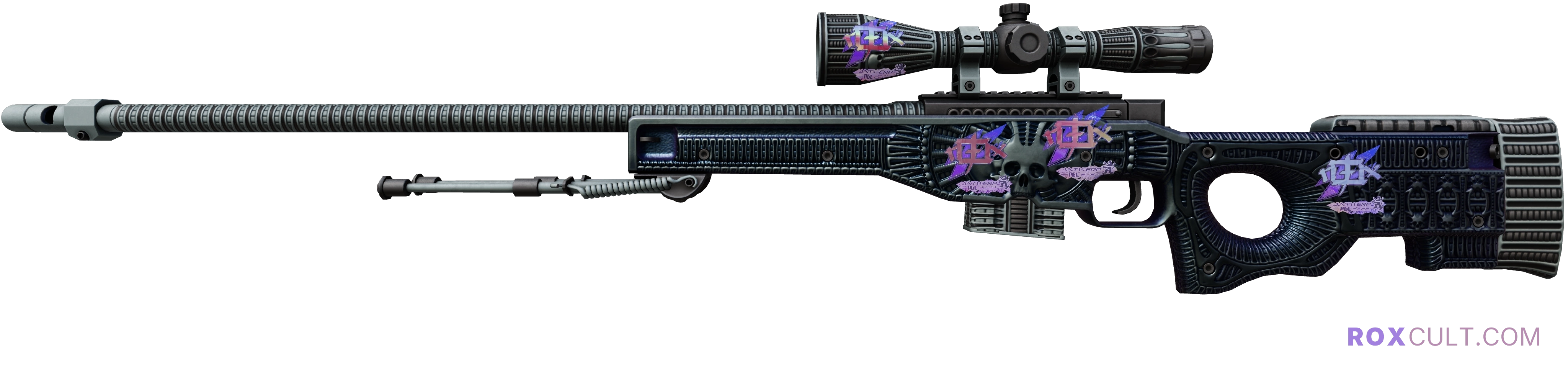 AWP | Exoskeleton (Factory New) — rox (Holo) Antwerp 2022 craft, playside view with 4 rox (Holo) stickers