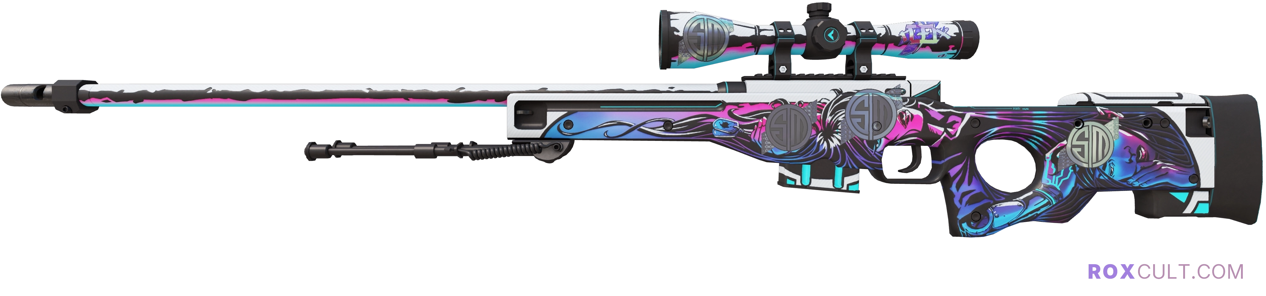 AWP | Neo-Noir (Factory New) — rox (Holo) Antwerp 2022 craft, playside view with 1 rox (Holo) sticker