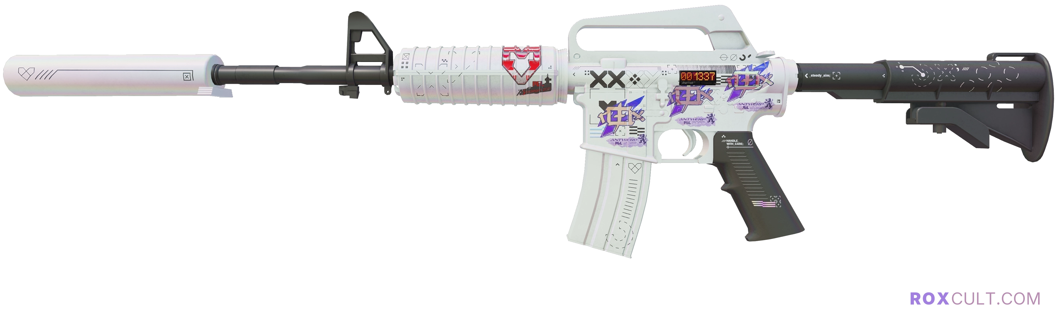 StatTrak™ M4A1-S | Printstream (Factory New) — rox (Holo) Antwerp 2022 craft, playside view with 3 rox (Holo) stickers