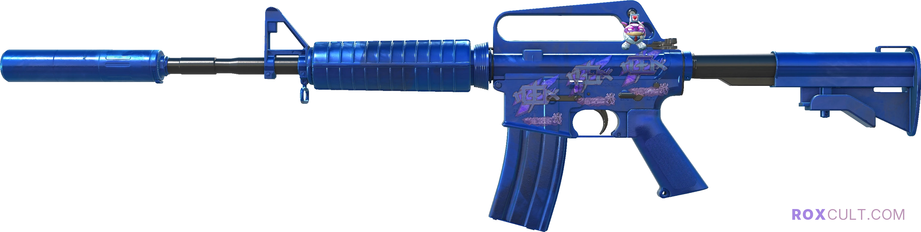 M4A1-S | Blue Phosphor (Factory New) — rox (Holo) Antwerp 2022 craft, playside view with 3 rox (Holo) stickers