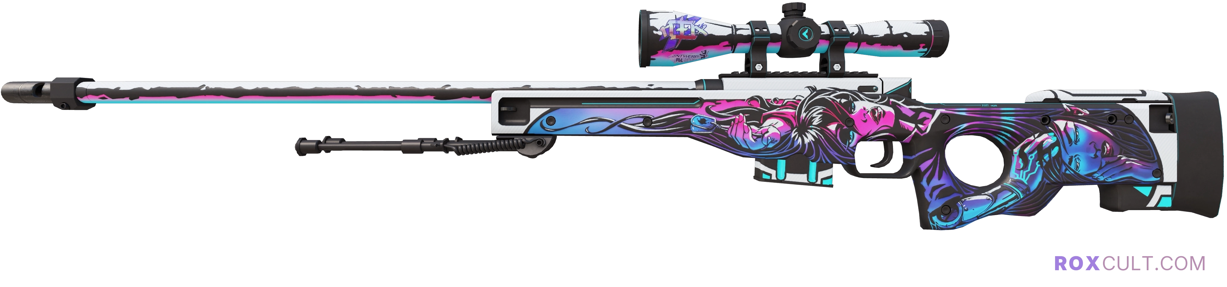 AWP | Neo-Noir (Factory New) — rox (Holo) Antwerp 2022 craft, playside view with 1 rox (Holo) sticker