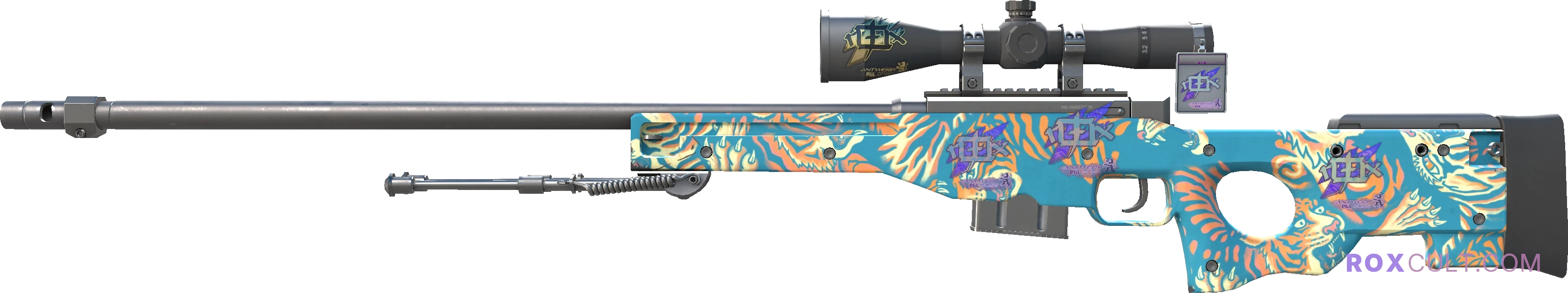 AWP | Silk Tiger (Factory New) — rox (Holo) Antwerp 2022 craft, playside view with 3 rox (Holo) stickers