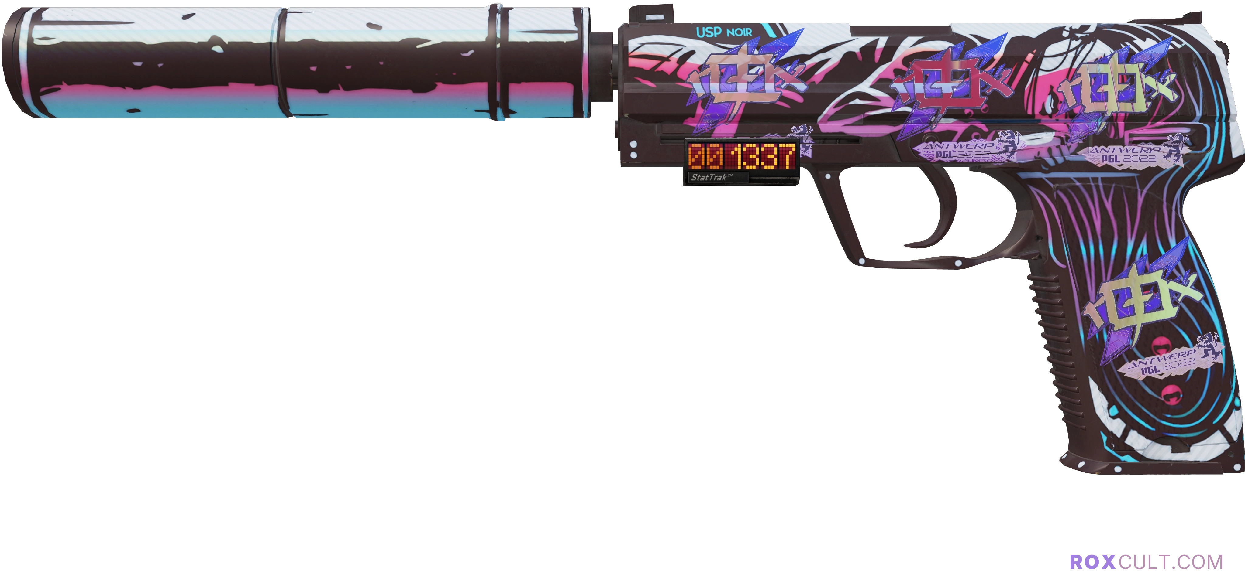 StatTrak™ USP-S | Neo-Noir (Factory New) — rox (Holo) Antwerp 2022 craft, playside view with 4 rox (Holo) stickers