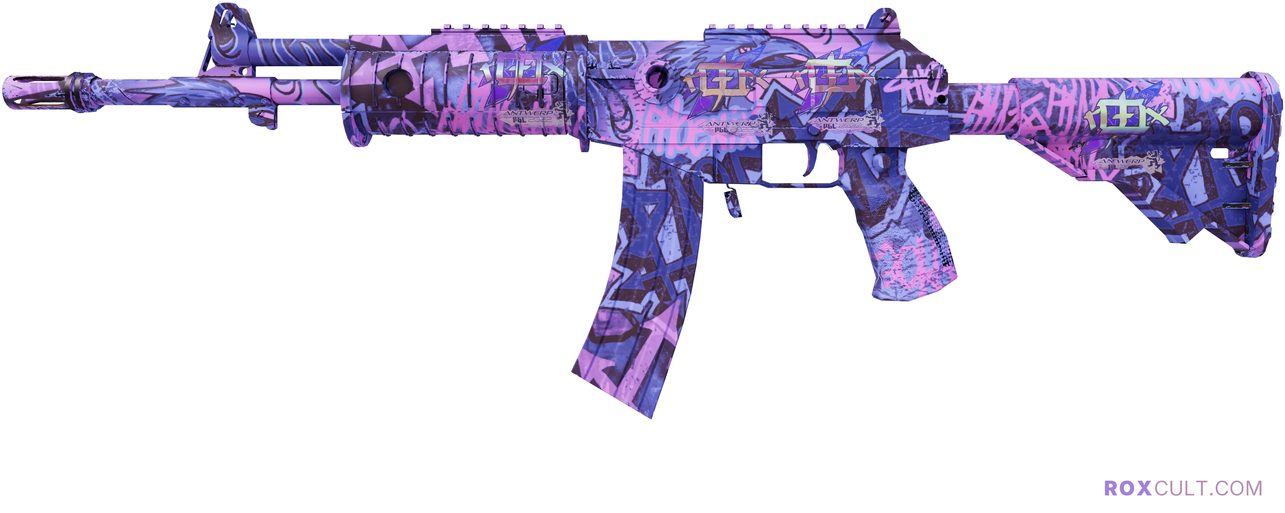 Galil AR | Phoenix Blacklight (Factory New) — rox (Holo) Antwerp 2022 craft, playside view with 4 rox (Holo) stickers