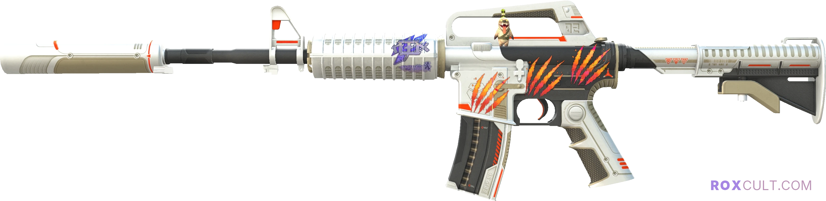 M4A1-S | Mecha Industries (Factory New) — rox (Holo) Antwerp 2022 craft, playside view with 1 rox (Holo) sticker