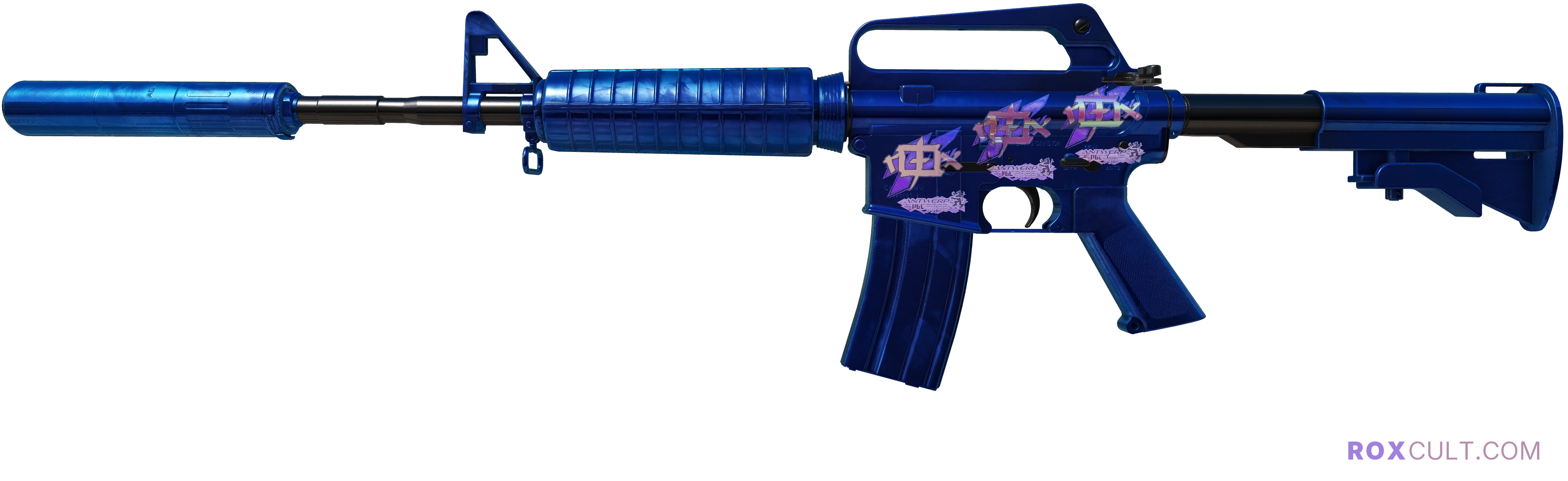 M4A1-S | Blue Phosphor (Factory New) — rox (Holo) Antwerp 2022 craft, playside view with 3 rox (Holo) stickers