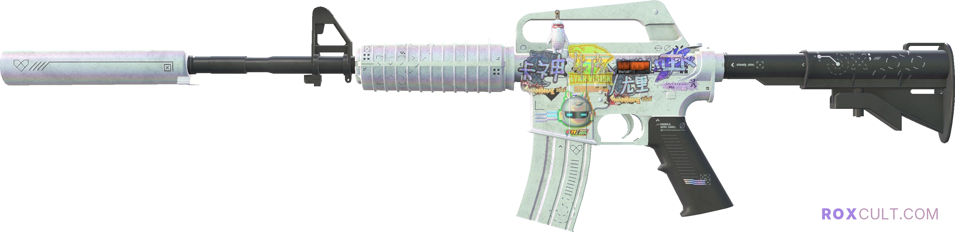 StatTrak™ M4A1-S | Printstream (Field-Tested) — rox (Holo) Antwerp 2022 craft, playside view with 1 rox (Holo) sticker