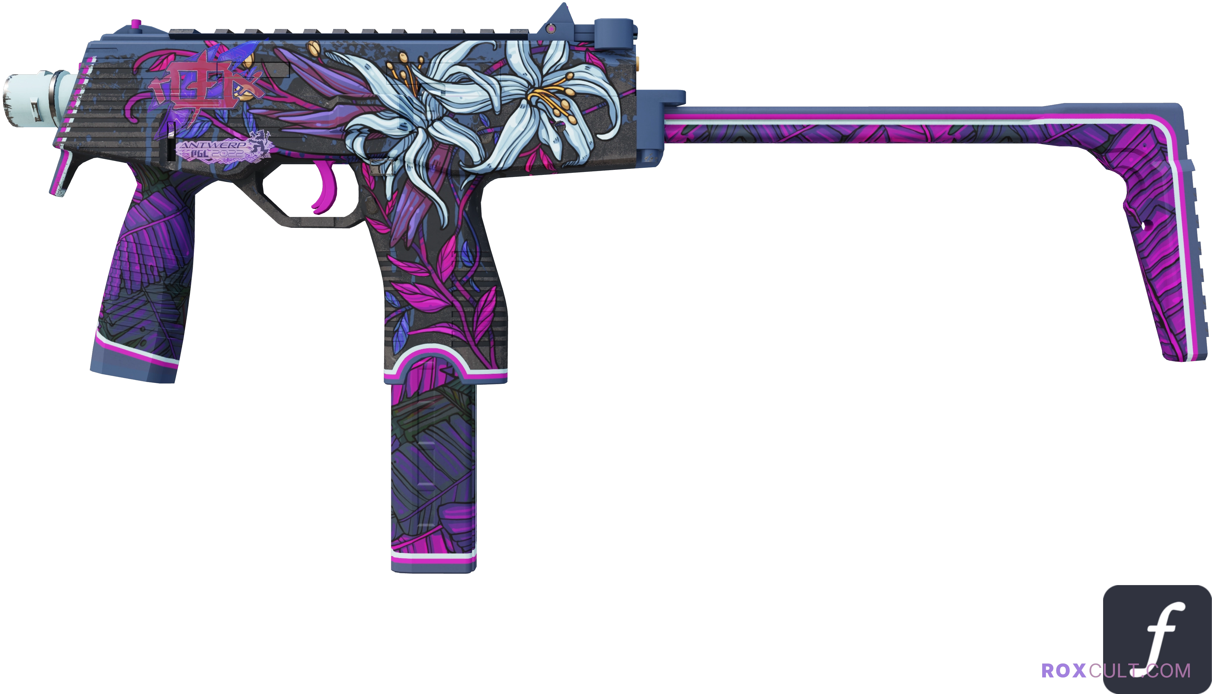 MP9 | Wild Lily (Factory New) — rox (Holo) Antwerp 2022 craft, playside view with 1 rox (Holo) sticker