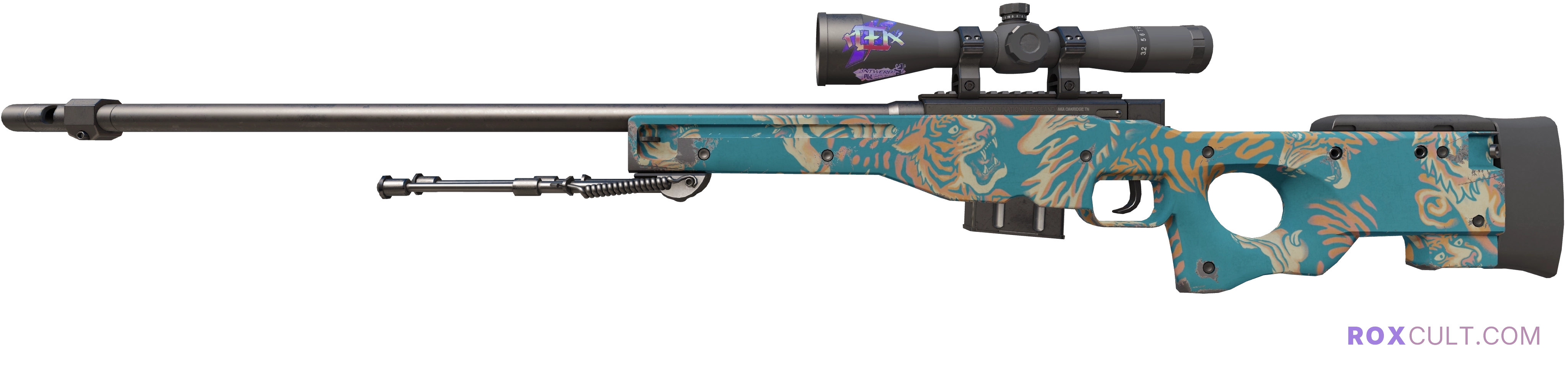 AWP | Silk Tiger (Minimal Wear) — rox (Holo) Antwerp 2022 craft, playside view with 1 rox (Holo) sticker