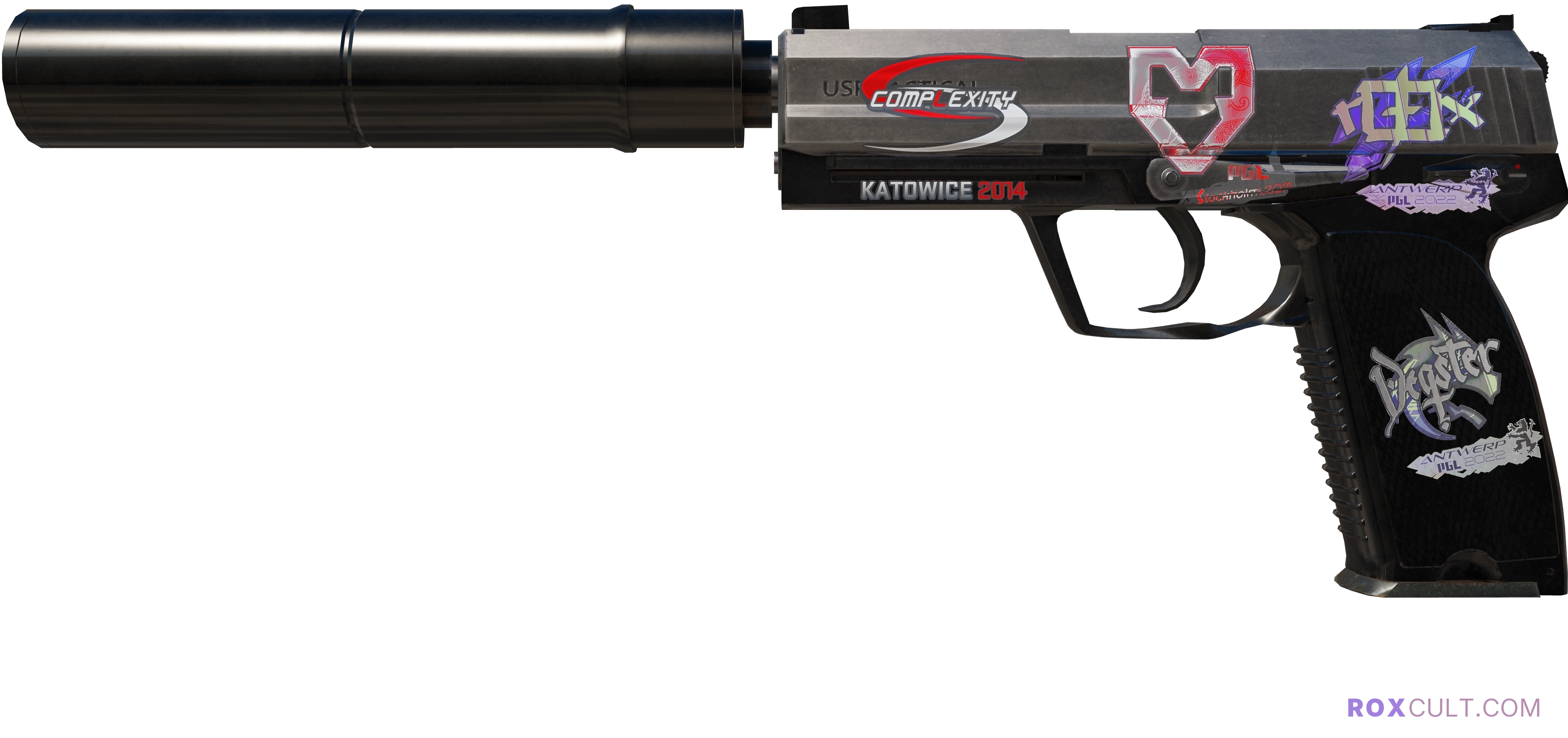 USP-S | Stainless (Field-Tested) — rox (Holo) Antwerp 2022 craft, playside view with 1 rox (Holo) sticker