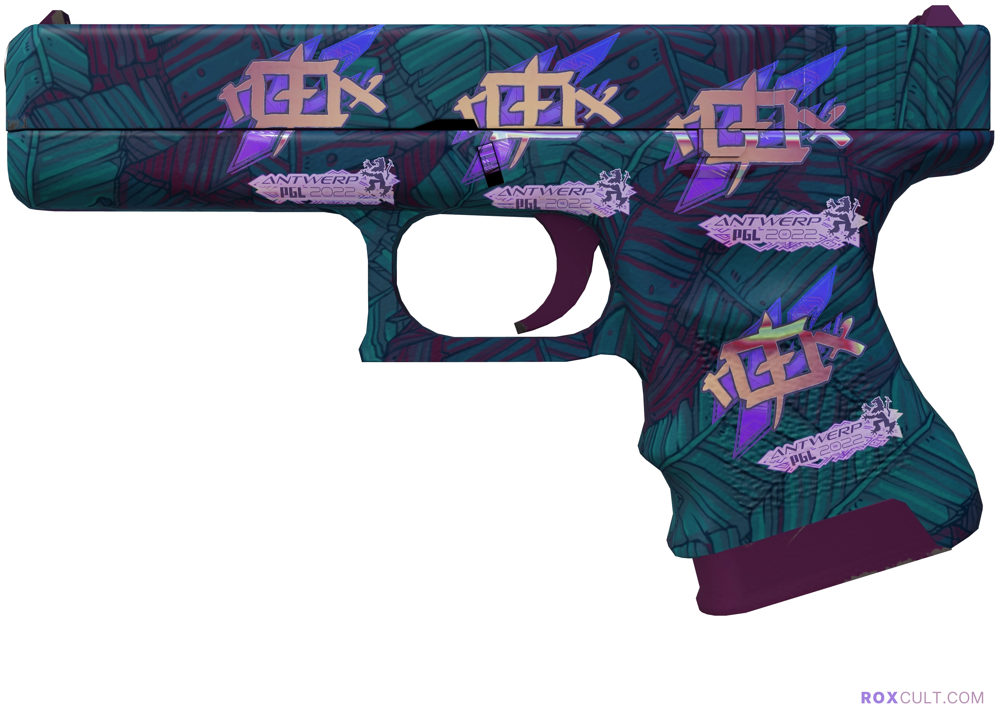 Glock-18 | Synth Leaf (Factory New) — rox (Holo) Antwerp 2022 craft, playside view with 4 rox (Holo) stickers