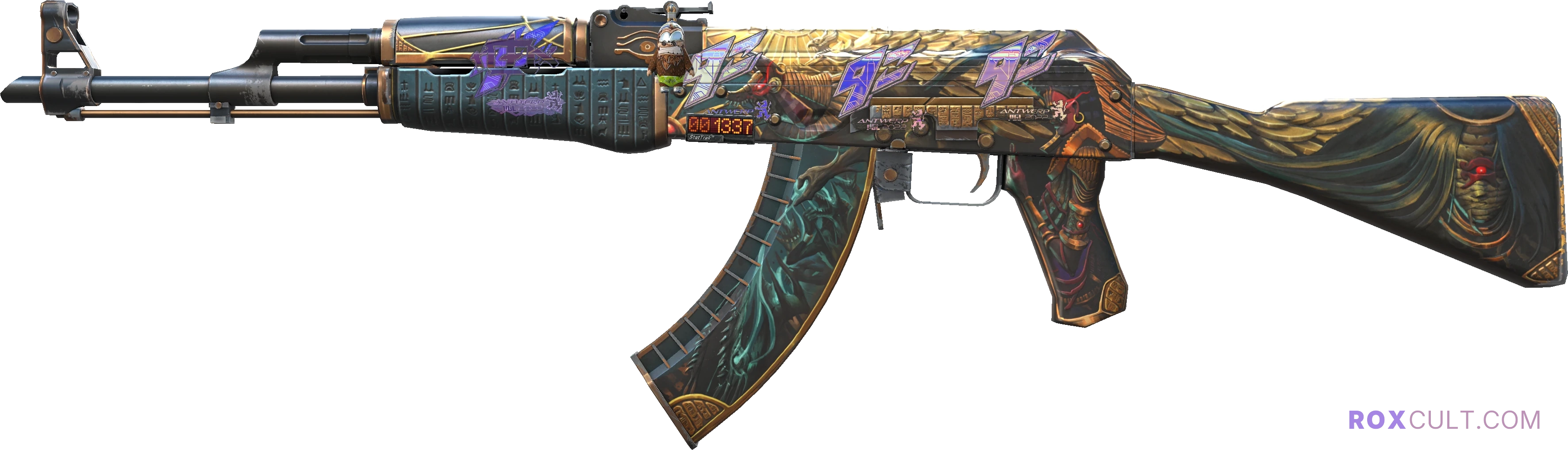 StatTrak™ AK-47 | Legion of Anubis (Minimal Wear) — rox (Holo) Antwerp 2022 craft, playside view with 1 rox (Holo) sticker