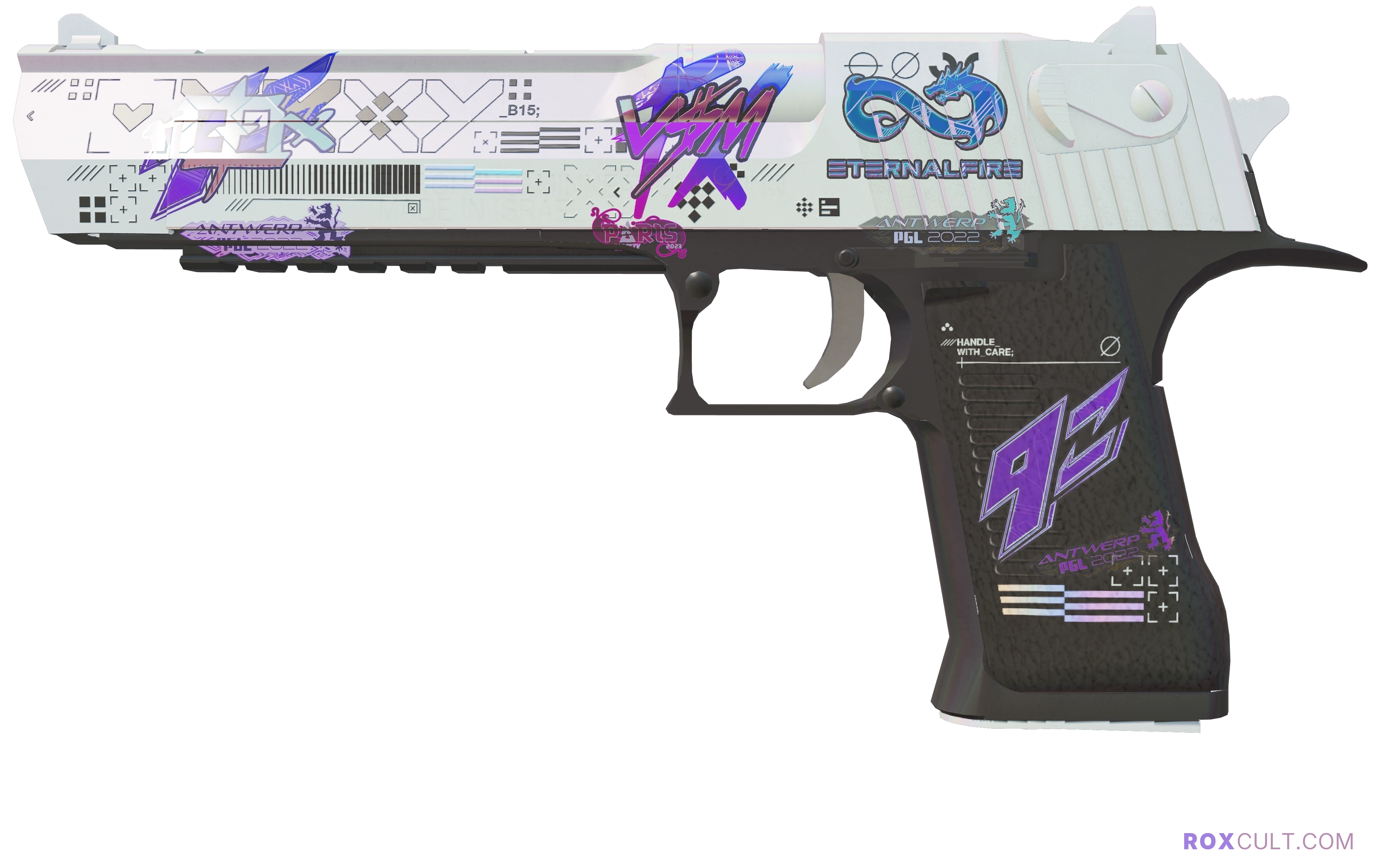 Desert Eagle | Printstream (Minimal Wear) — rox (Holo) Antwerp 2022 craft, playside view with 1 rox (Holo) sticker