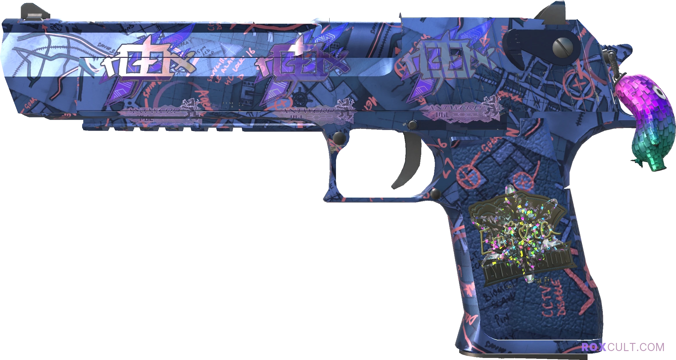 Desert Eagle | Night Heist (Factory New) — rox (Holo) Antwerp 2022 craft, playside view with 3 rox (Holo) stickers
