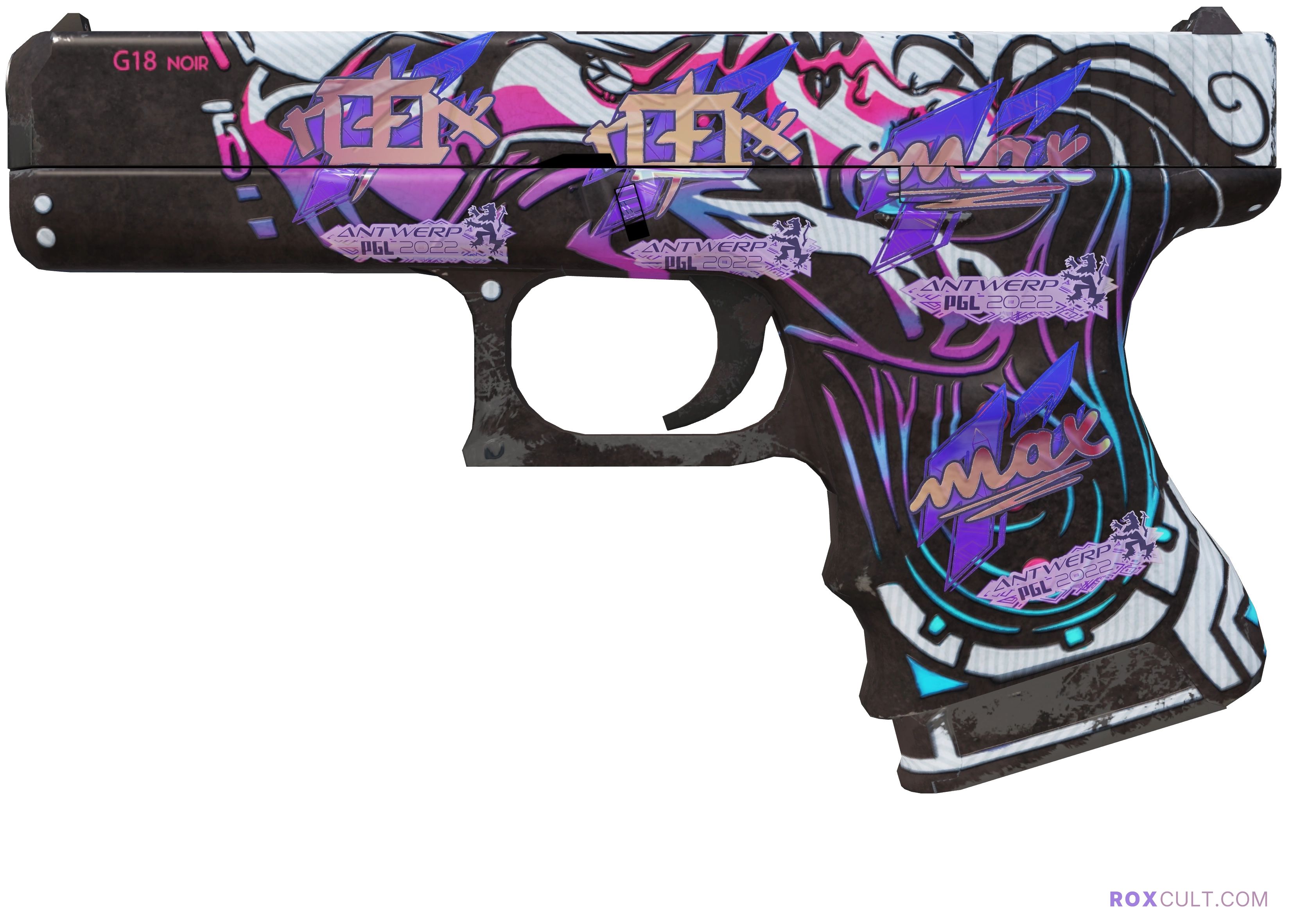 Glock-18 | Neo-Noir (Field-Tested) — rox (Holo) Antwerp 2022 craft, playside view with 2 rox (Holo) stickers