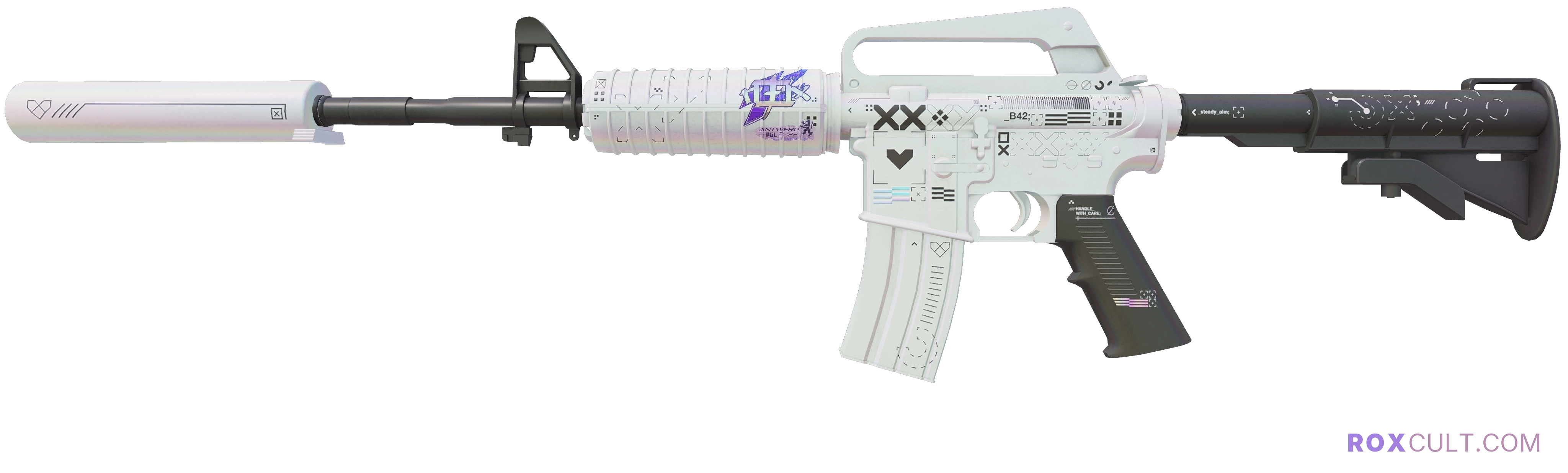 M4A1-S | Printstream (Factory New) — rox (Holo) Antwerp 2022 craft, playside view with 1 rox (Holo) sticker