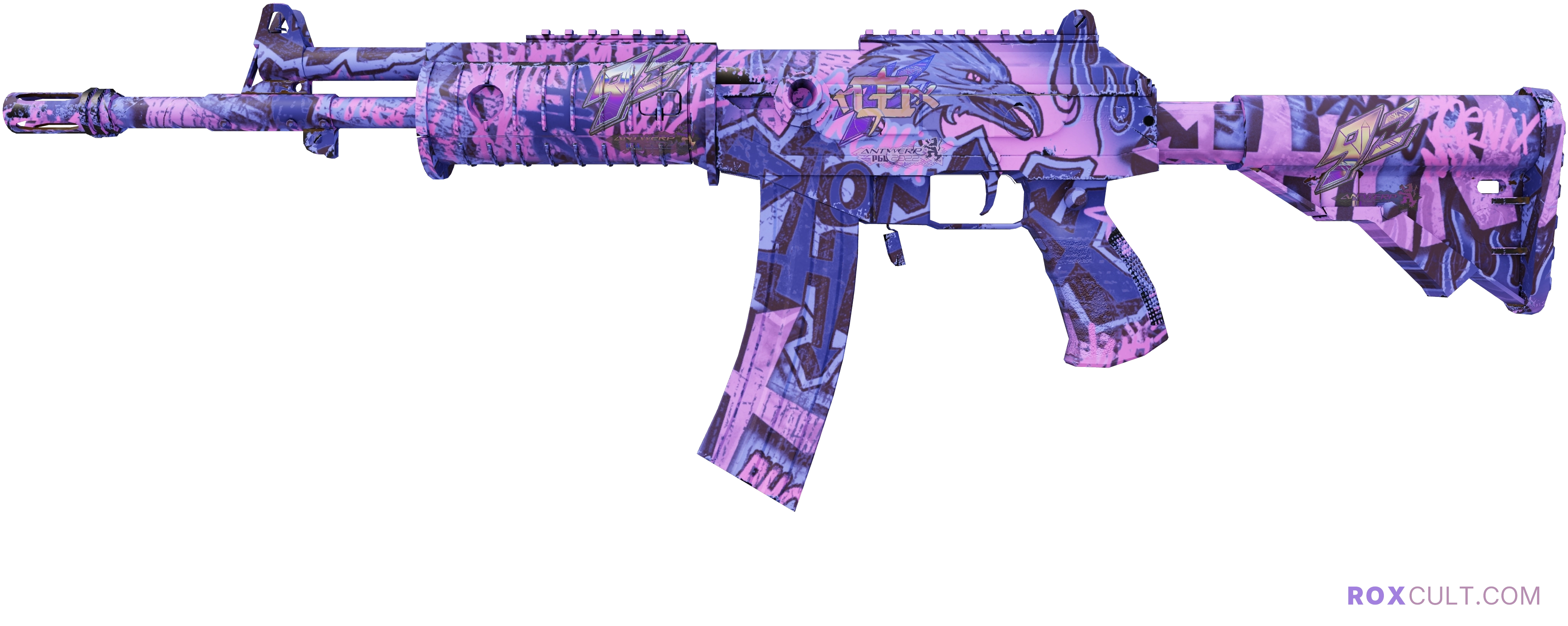 Galil AR | Phoenix Blacklight (Factory New) — rox (Holo) Antwerp 2022 craft, playside view with 1 rox (Holo) sticker