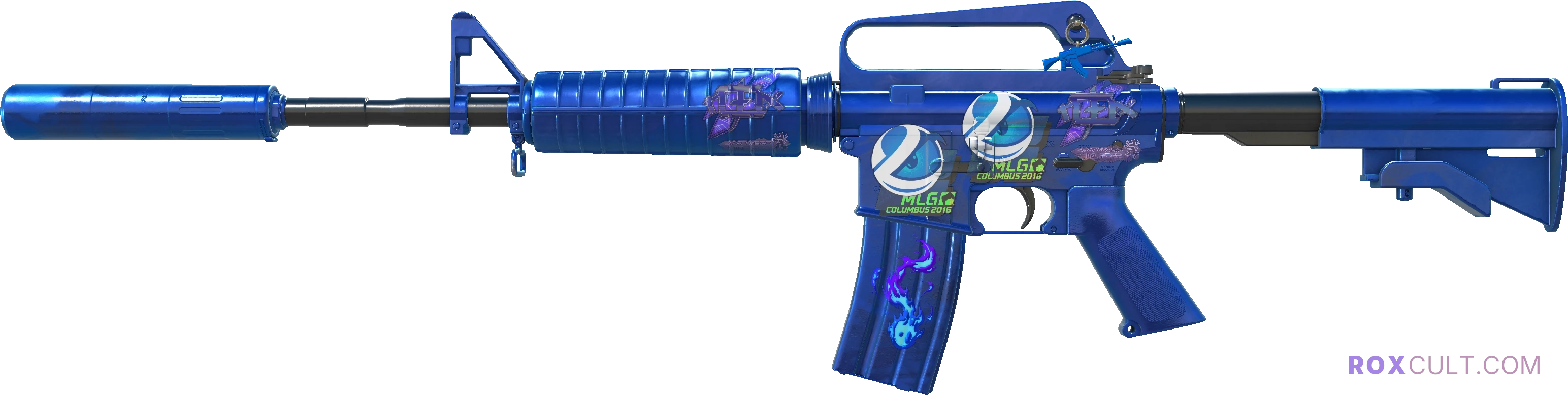 M4A1-S | Blue Phosphor (Factory New) — rox (Holo) Antwerp 2022 craft, playside view with 2 rox (Holo) stickers