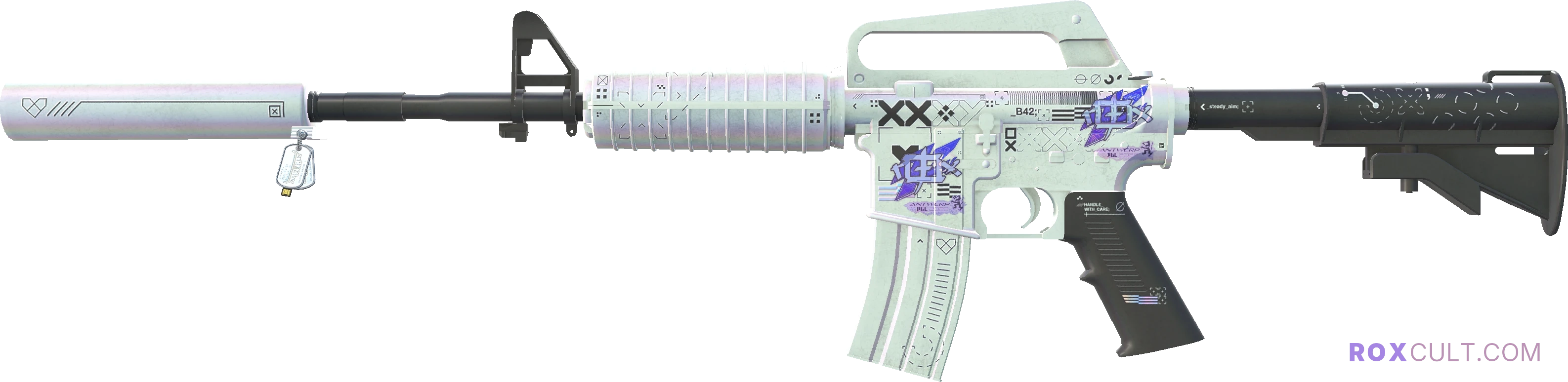 M4A1-S | Printstream (Minimal Wear) — rox (Holo) Antwerp 2022 craft, playside view with 2 rox (Holo) stickers