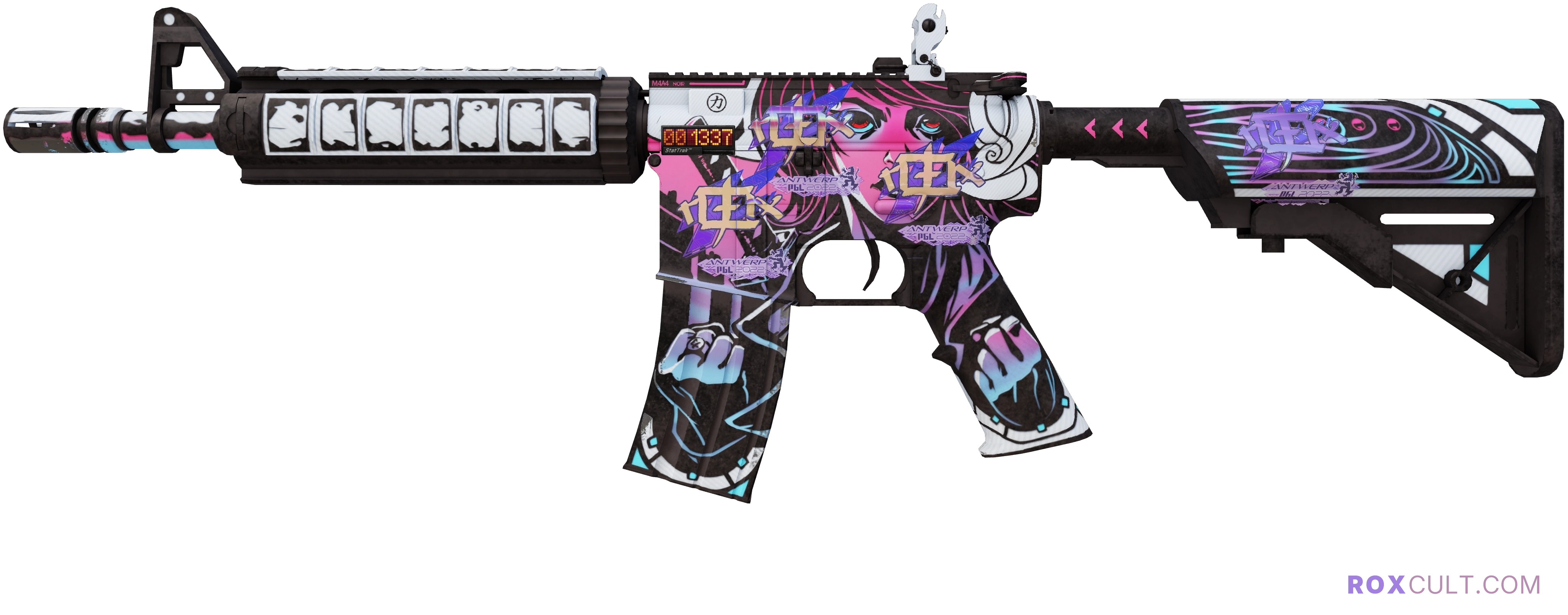 StatTrak™ M4A4 | Neo-Noir (Factory New) — rox (Holo) Antwerp 2022 craft, playside view with 4 rox (Holo) stickers