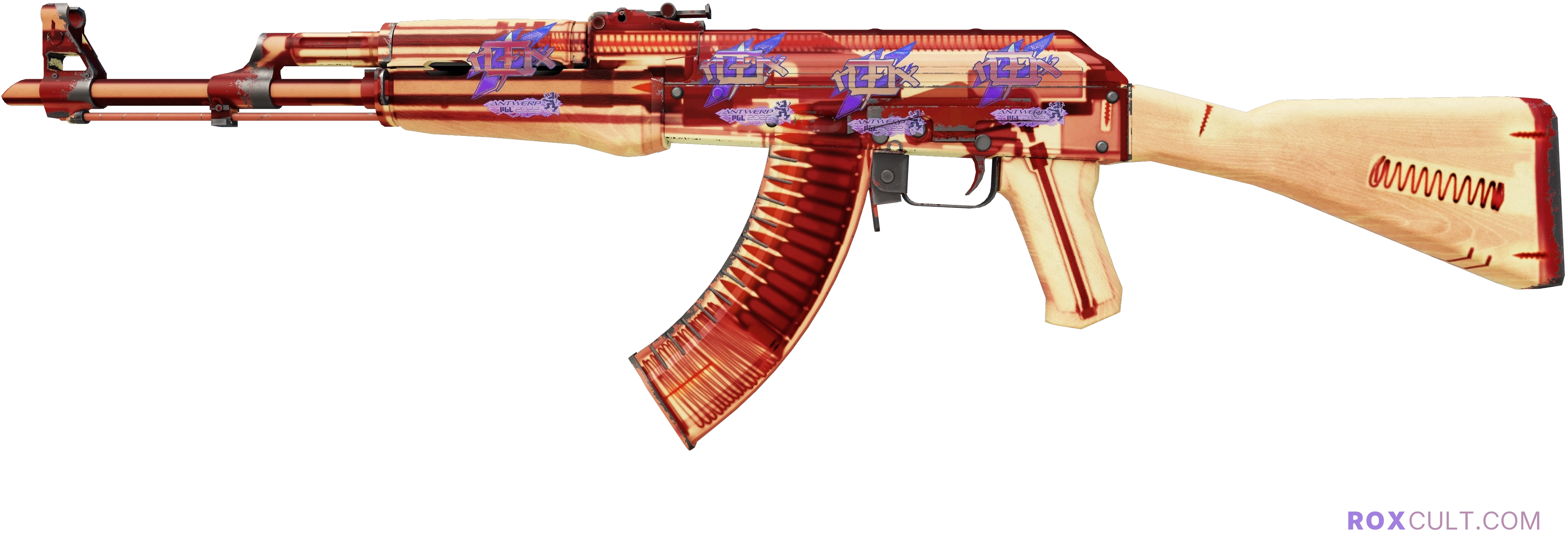 AK-47 | X-Ray (Field-Tested) — rox (Holo) Antwerp 2022 craft, playside view with 4 rox (Holo) stickers