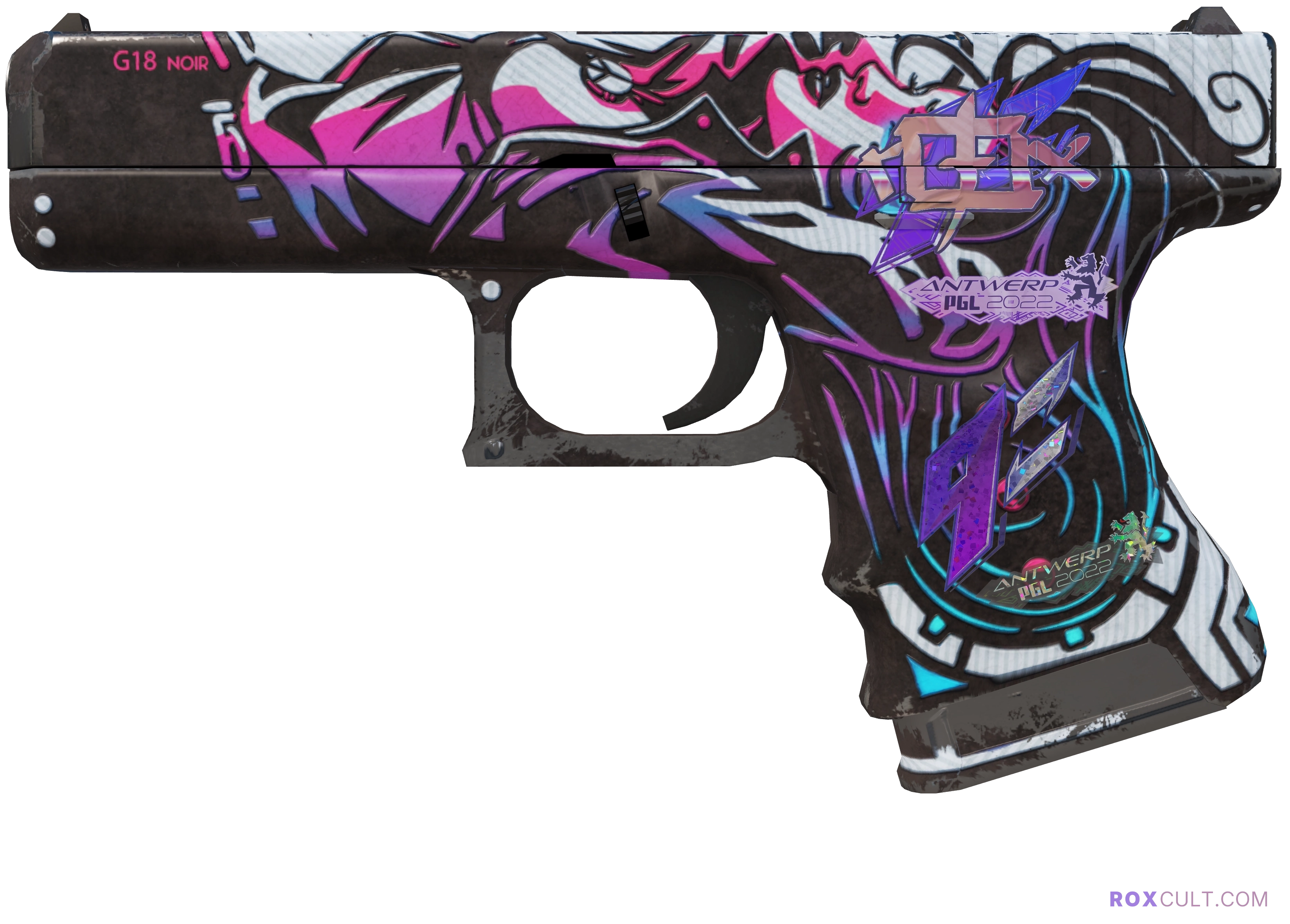 Glock-18 | Neo-Noir (Field-Tested) — rox (Holo) Antwerp 2022 craft, playside view with 1 rox (Holo) sticker