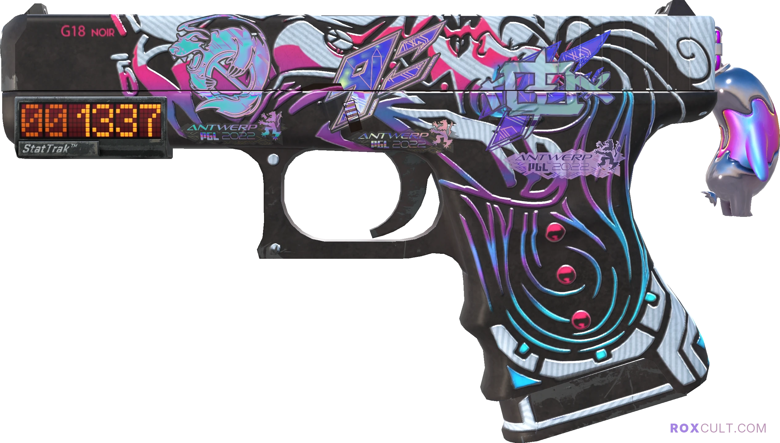 StatTrak™ Glock-18 | Neo-Noir (Minimal Wear) — rox (Holo) Antwerp 2022 craft, playside view with 1 rox (Holo) sticker