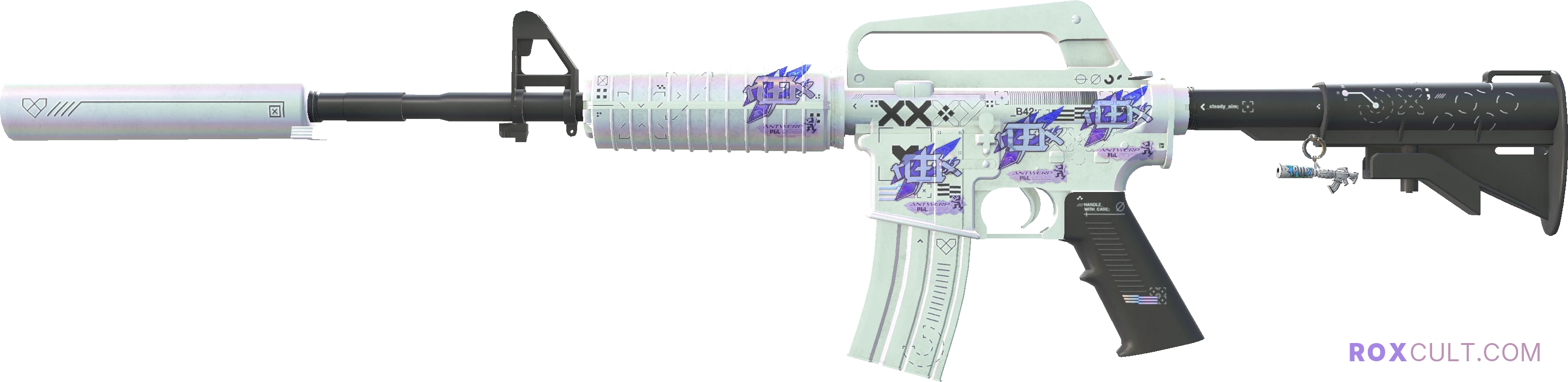M4A1-S | Printstream (Factory New) — rox (Holo) Antwerp 2022 craft, playside view with 4 rox (Holo) stickers