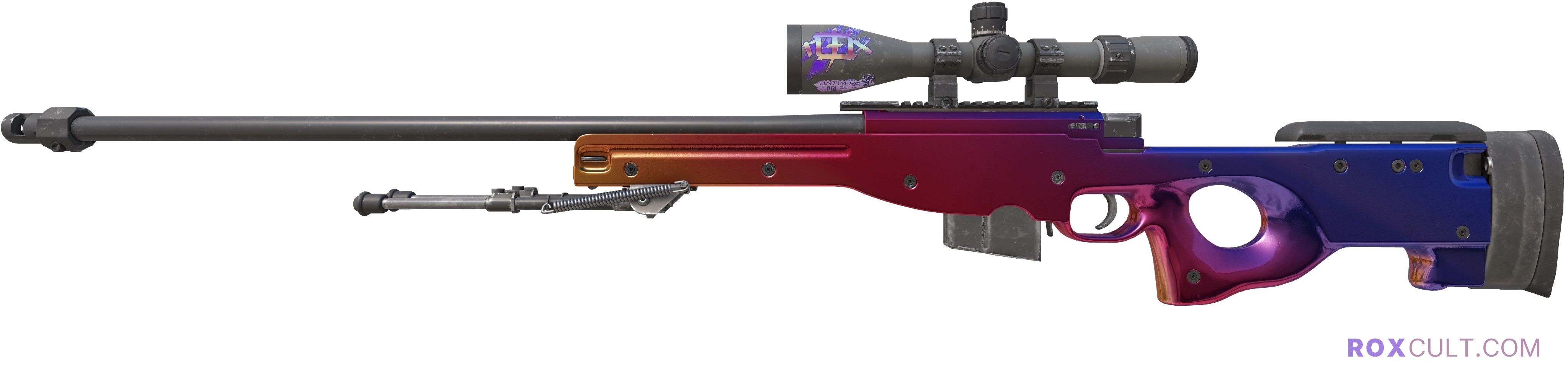 AWP | Fade (Factory New) — rox (Holo) Antwerp 2022 craft, playside view with 1 rox (Holo) sticker