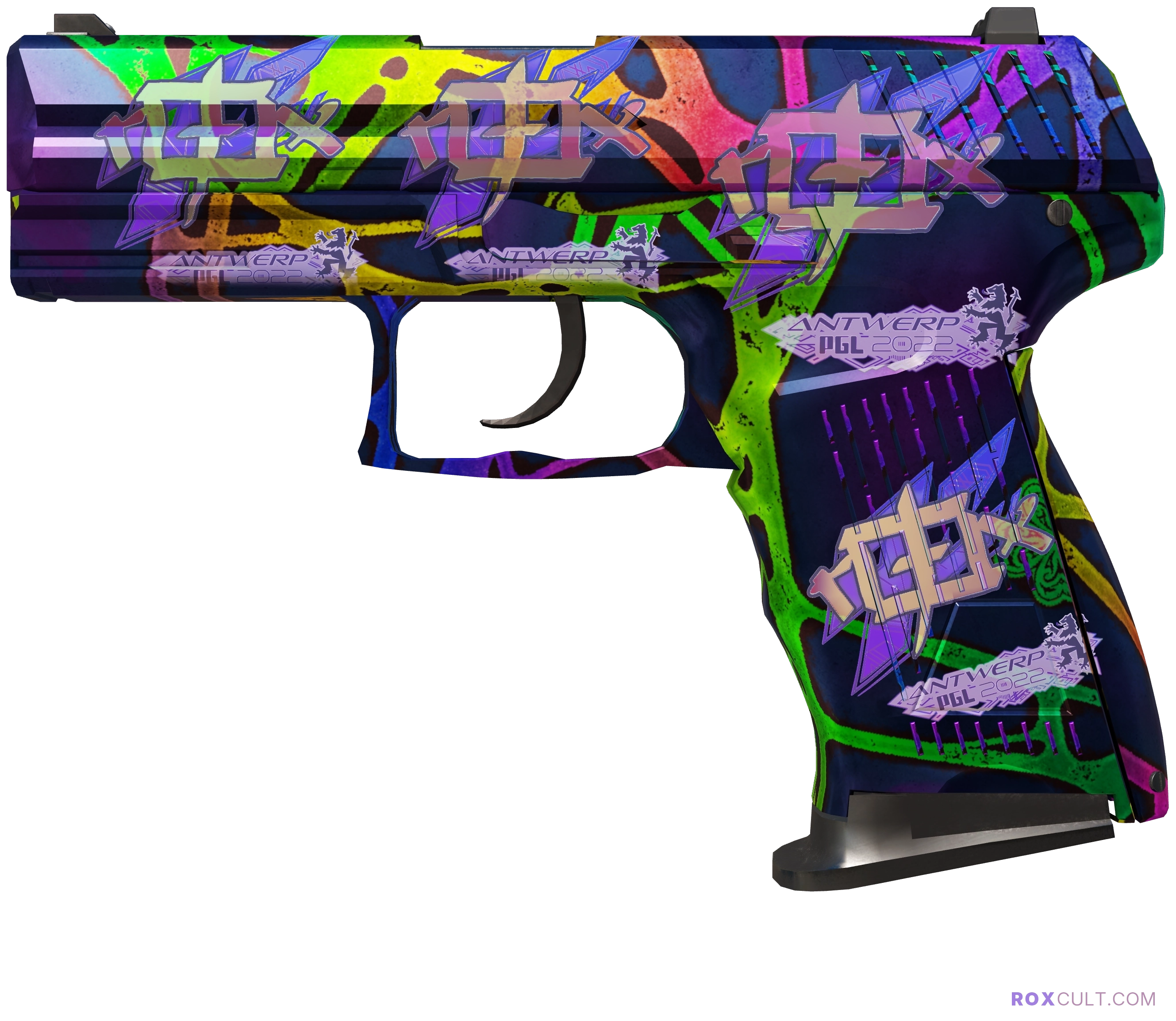 P2000 | Acid Etched (Factory New) — rox (Holo) Antwerp 2022 craft, playside view with 4 rox (Holo) stickers