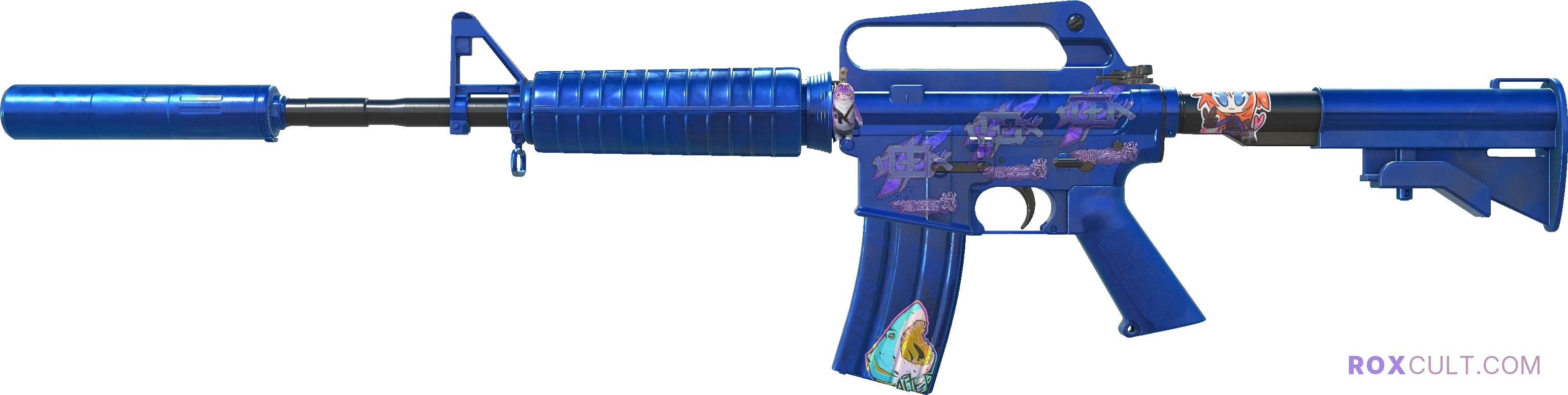 M4A1-S | Blue Phosphor (Factory New) — rox (Holo) Antwerp 2022 craft, playside view with 3 rox (Holo) stickers