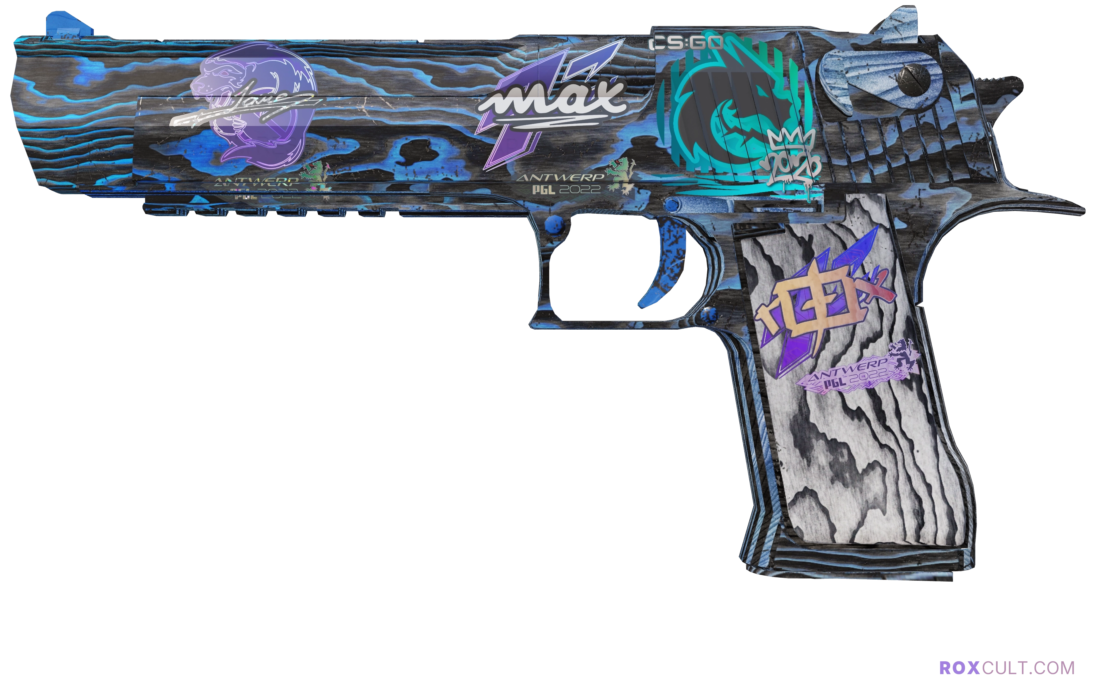 Desert Eagle | Blue Ply (Field-Tested) — rox (Holo) Antwerp 2022 craft, playside view with 1 rox (Holo) sticker
