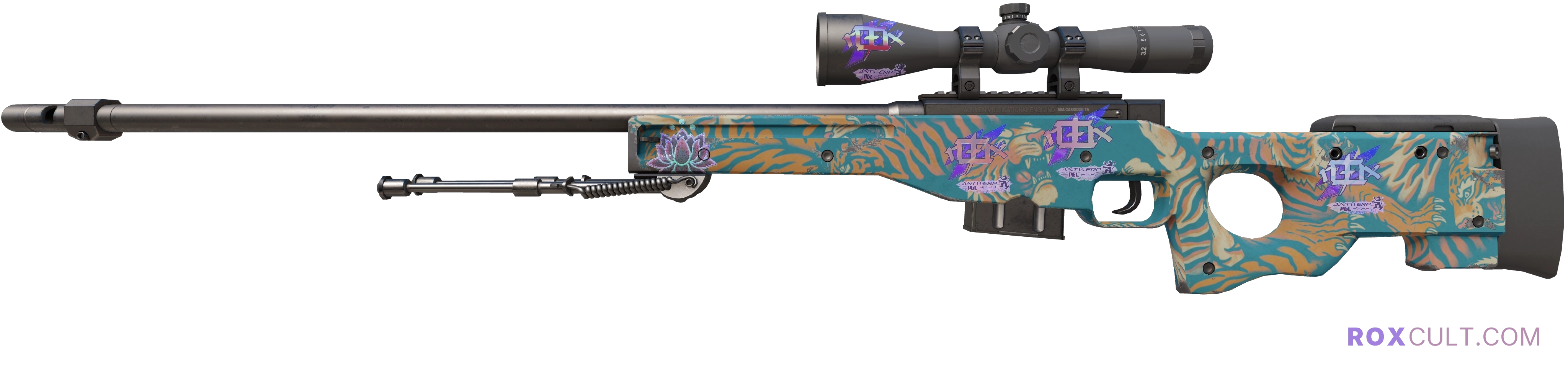 AWP | Silk Tiger (Minimal Wear) — rox (Holo) Antwerp 2022 craft, playside view with 4 rox (Holo) stickers