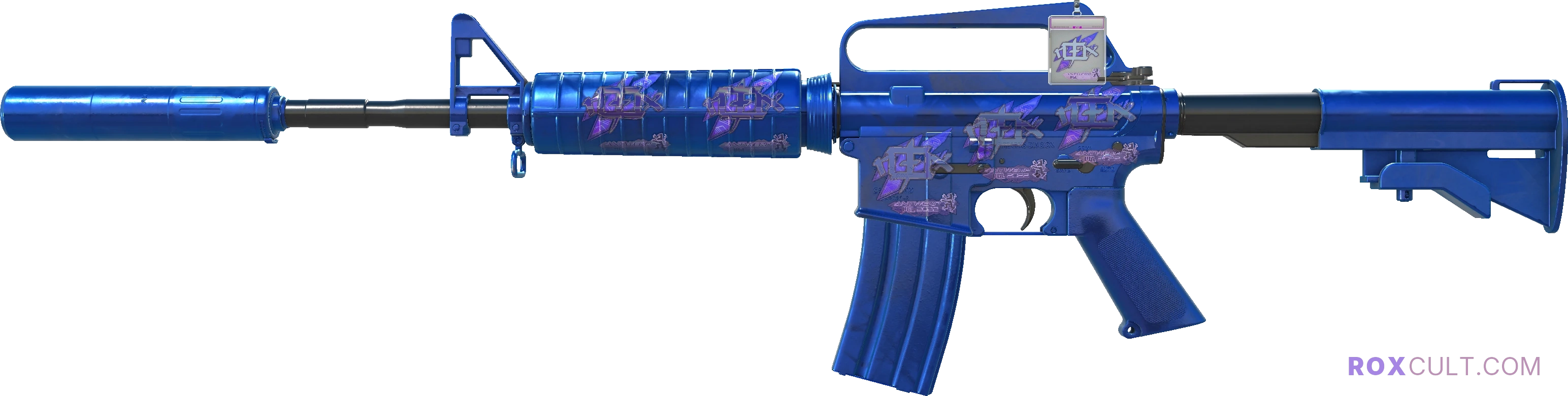 M4A1-S | Blue Phosphor (Factory New) — rox (Holo) Antwerp 2022 craft, playside view with 5 rox (Holo) stickers