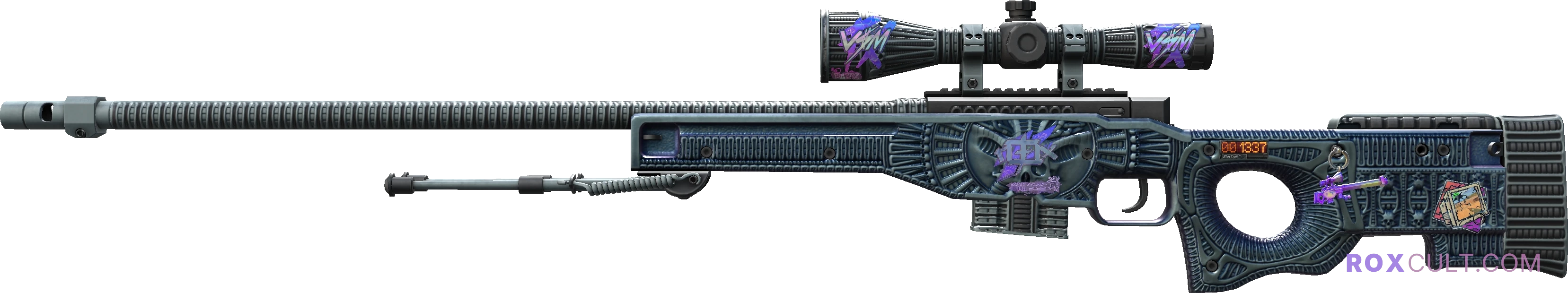 StatTrak™ AWP | Exoskeleton (Factory New) — rox (Holo) Antwerp 2022 craft, playside view with 1 rox (Holo) sticker