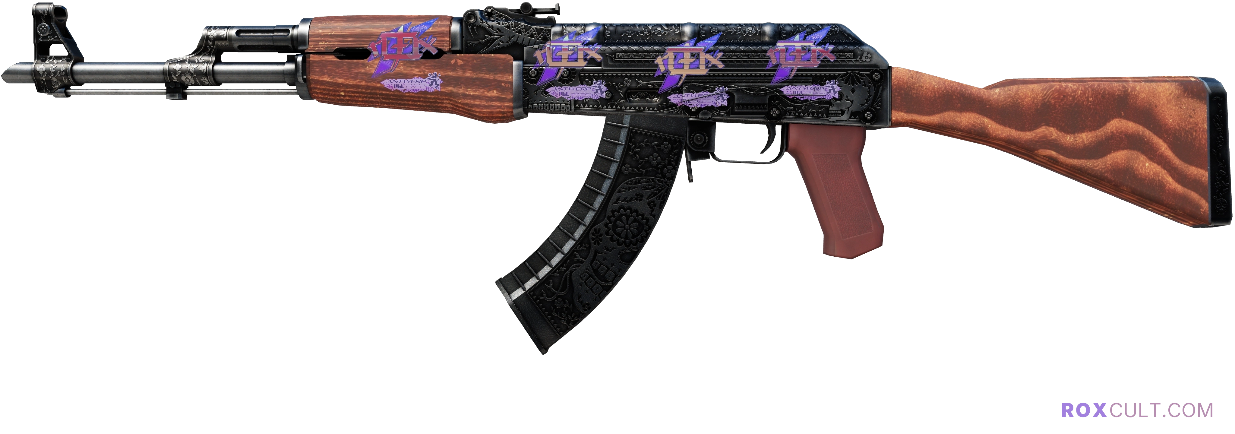 AK-47 | Cartel (Minimal Wear) — rox (Holo) Antwerp 2022 craft, playside view with 4 rox (Holo) stickers