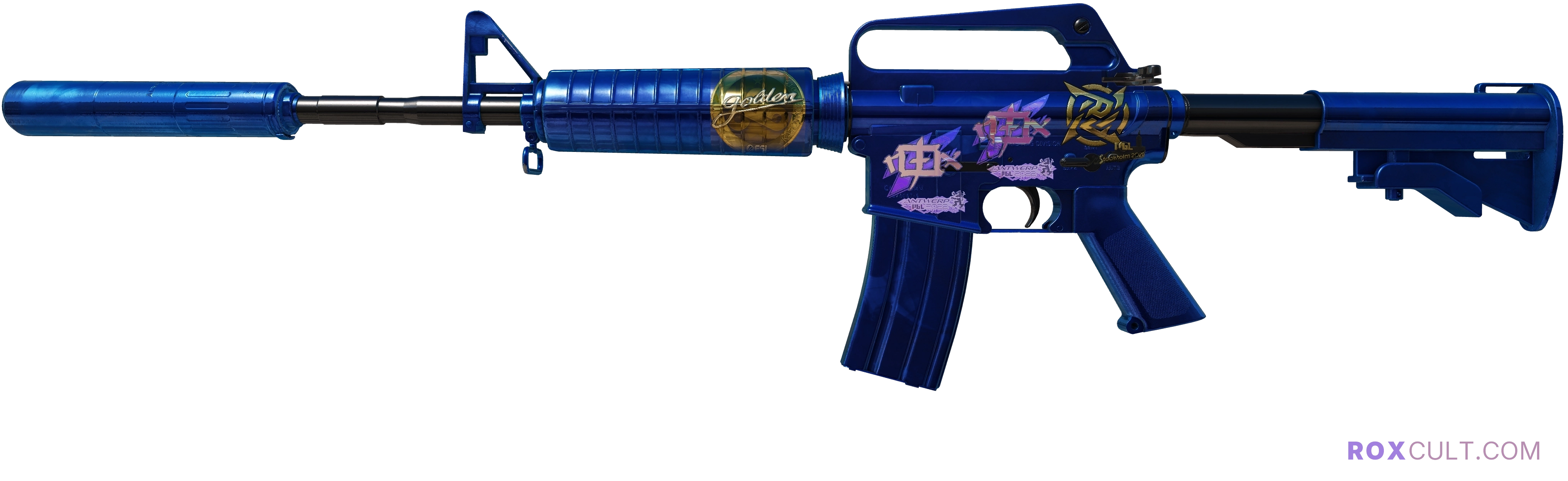 M4A1-S | Blue Phosphor (Factory New) — rox (Holo) Antwerp 2022 craft, playside view with 2 rox (Holo) stickers